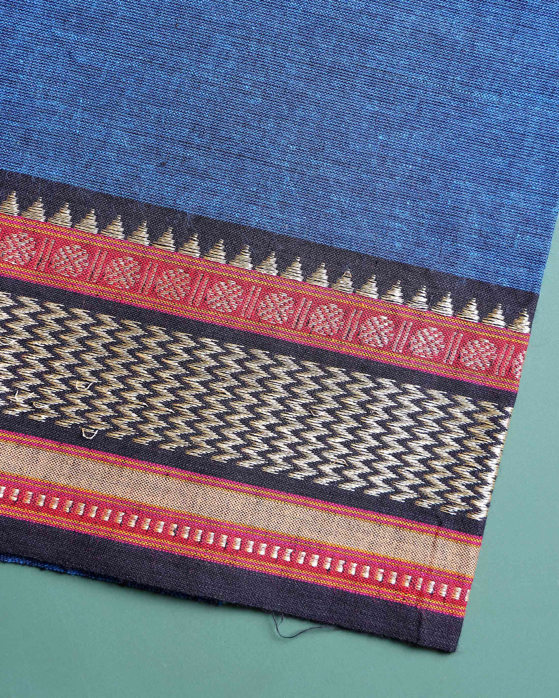 Handloom Cotton Blouse Material with Woven Traditional Border - Blue