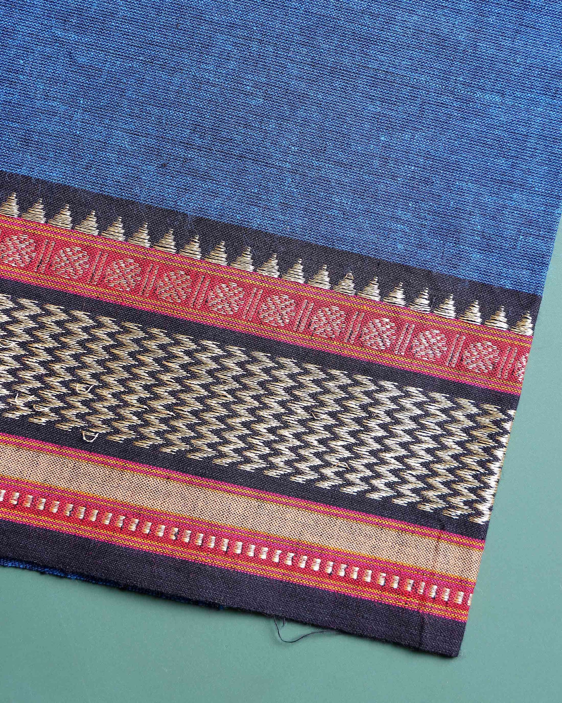 Handloom Cotton Blouse Material with Woven Traditional Border - Blue-Close