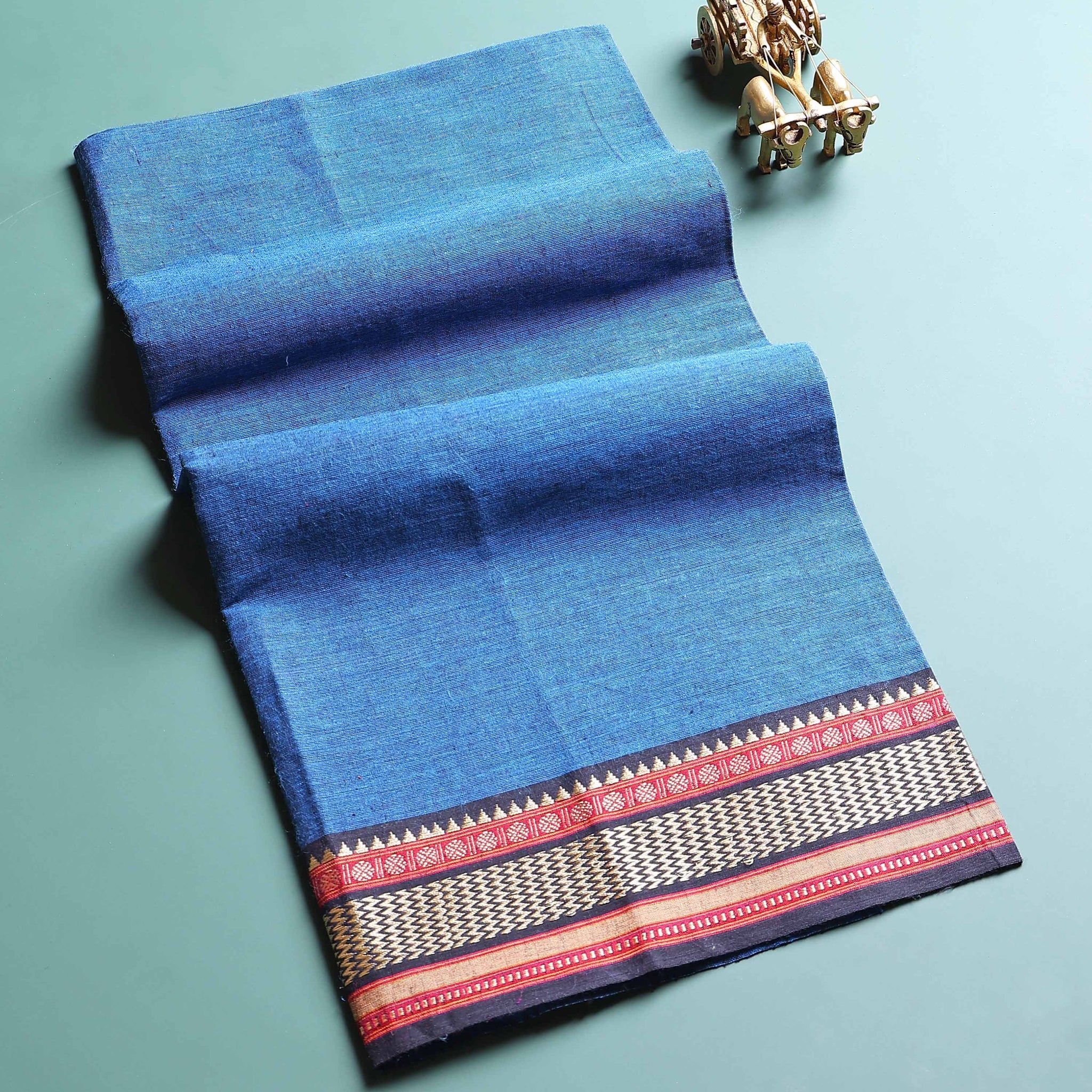 Handloom Cotton Blouse Material with Woven Traditional Border - Blue