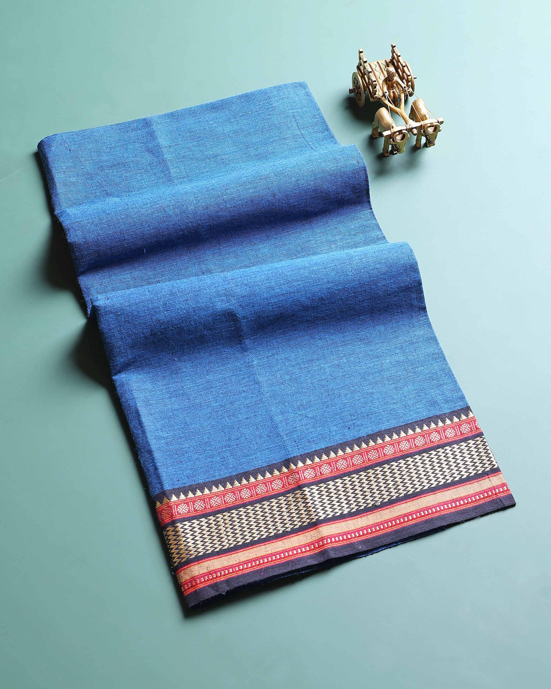 Handloom Cotton Blouse Material with Woven Traditional Border - Blue