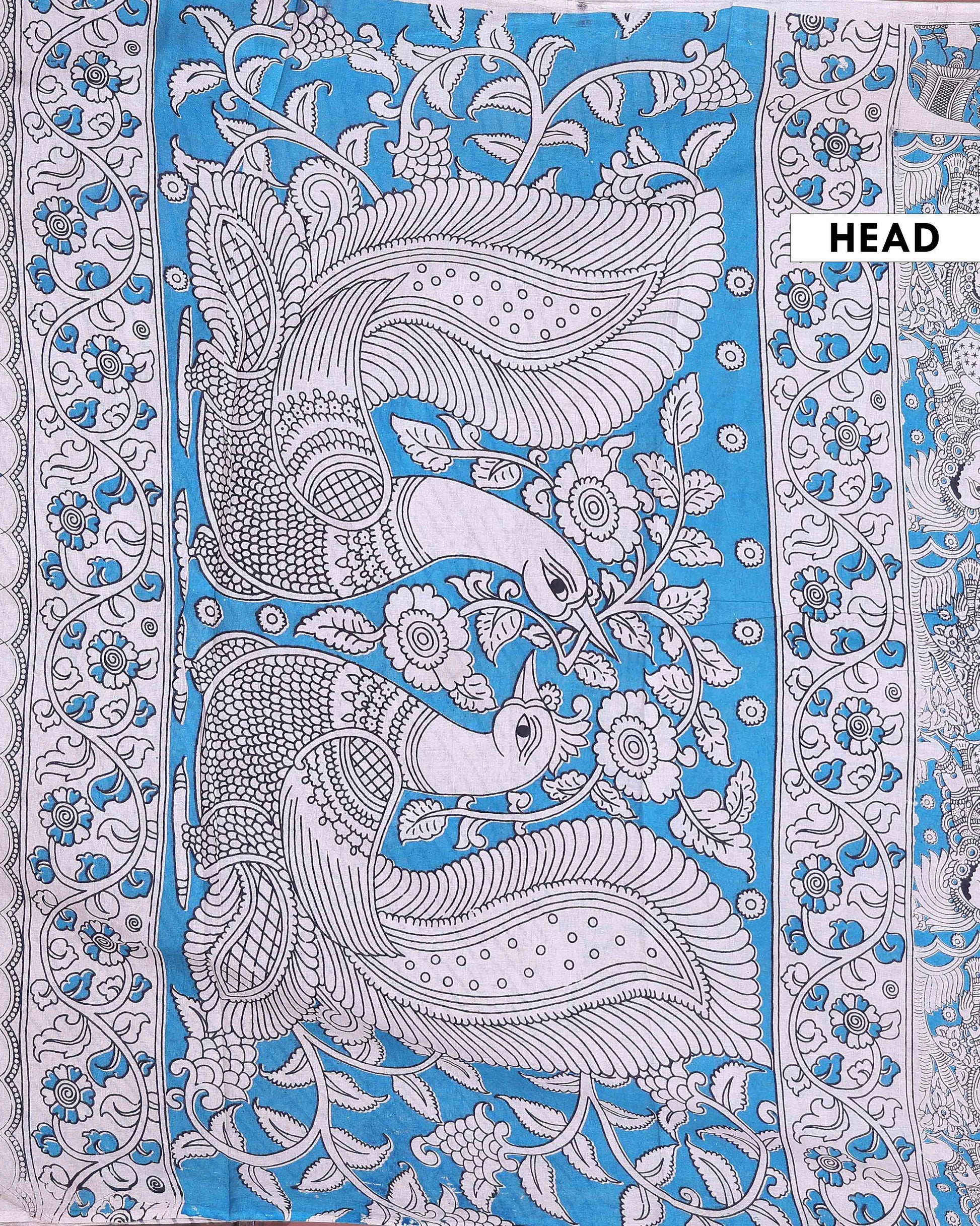 Traditional Handloom Cotton Kalamkari Saree with Intricate Procession and Floral Artwork - Blue