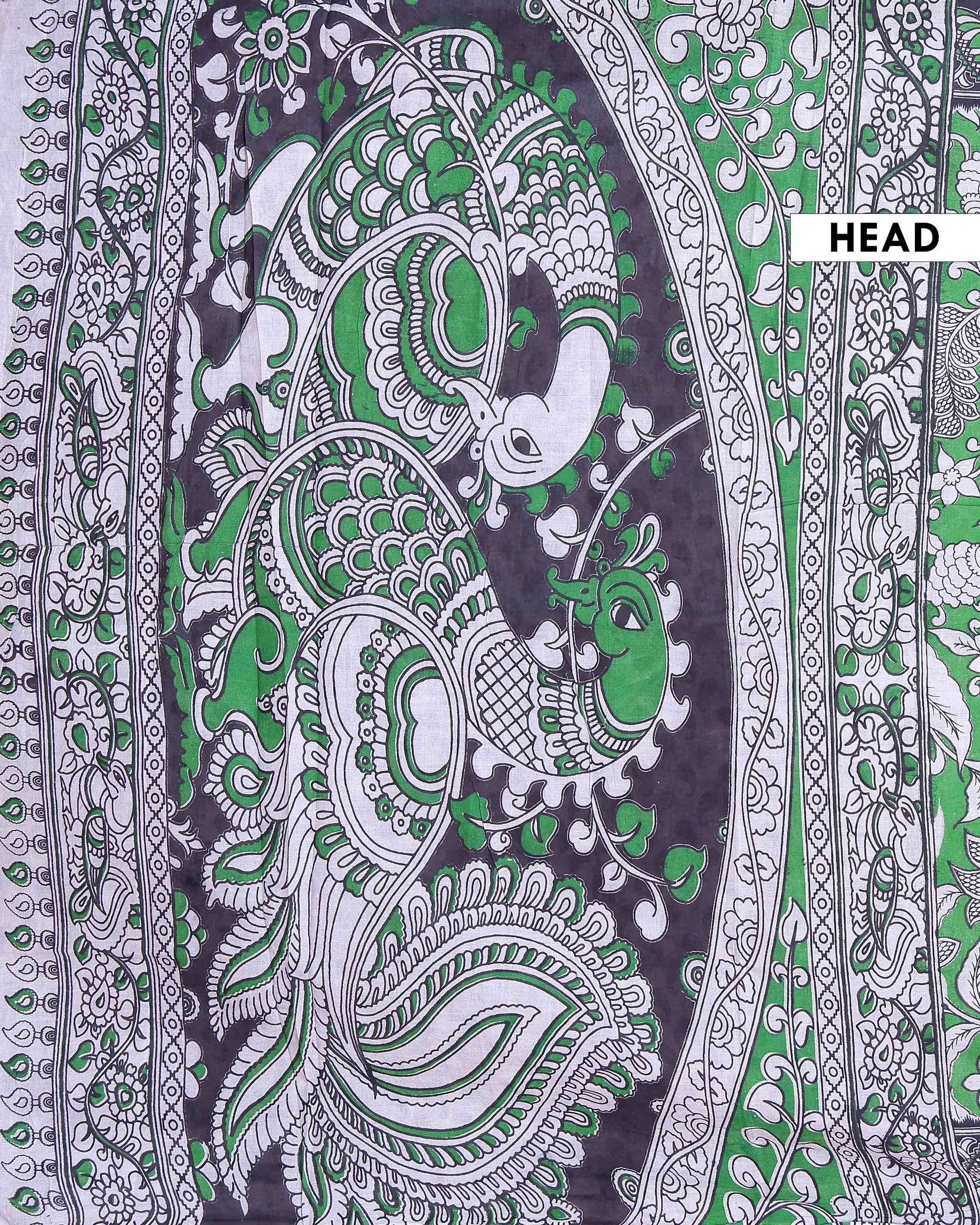 Handloom Cotton Kalamkari Saree with Traditional Floral Motifs and Contrast Border - Green