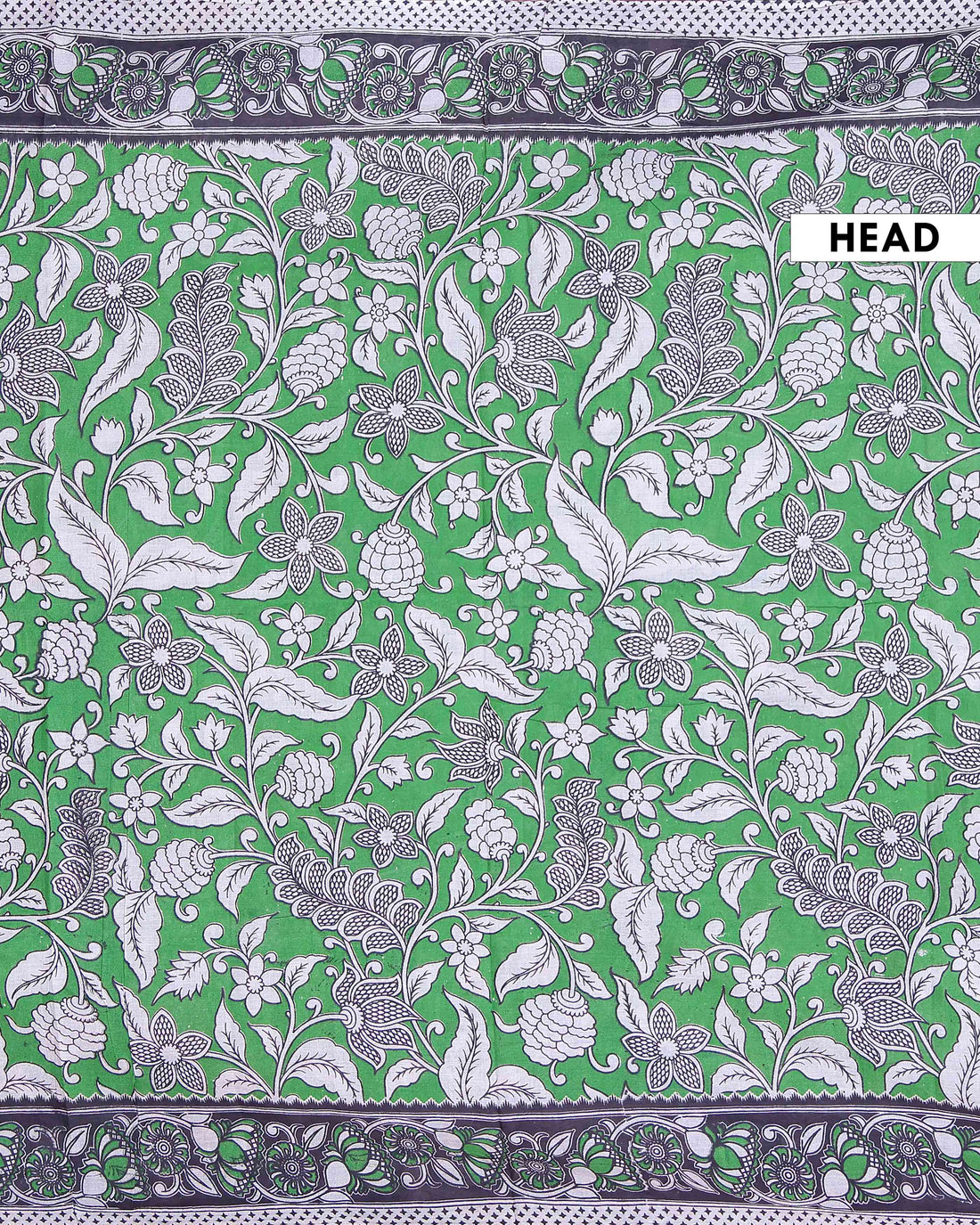 Handloom Cotton Kalamkari Saree with Traditional Floral Motifs and Contrast Border - Green