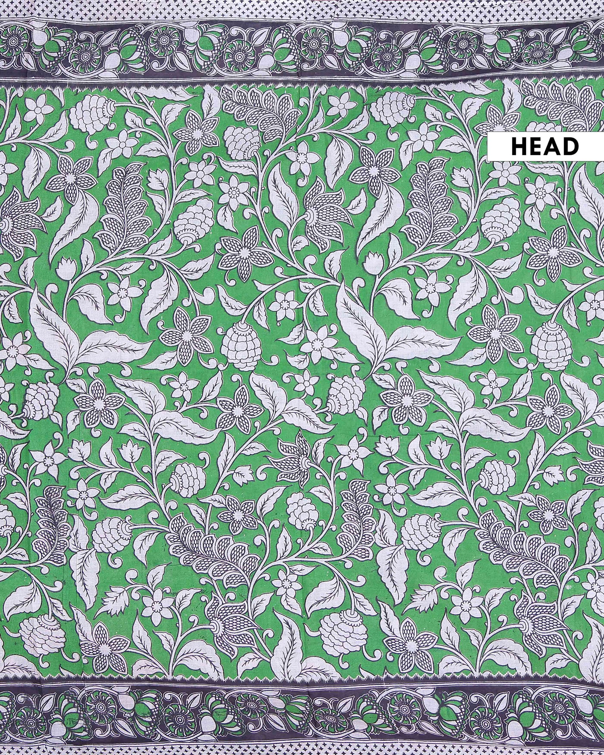 Handloom Cotton Kalamkari Saree with Traditional Floral Motifs and Contrast Border - Green