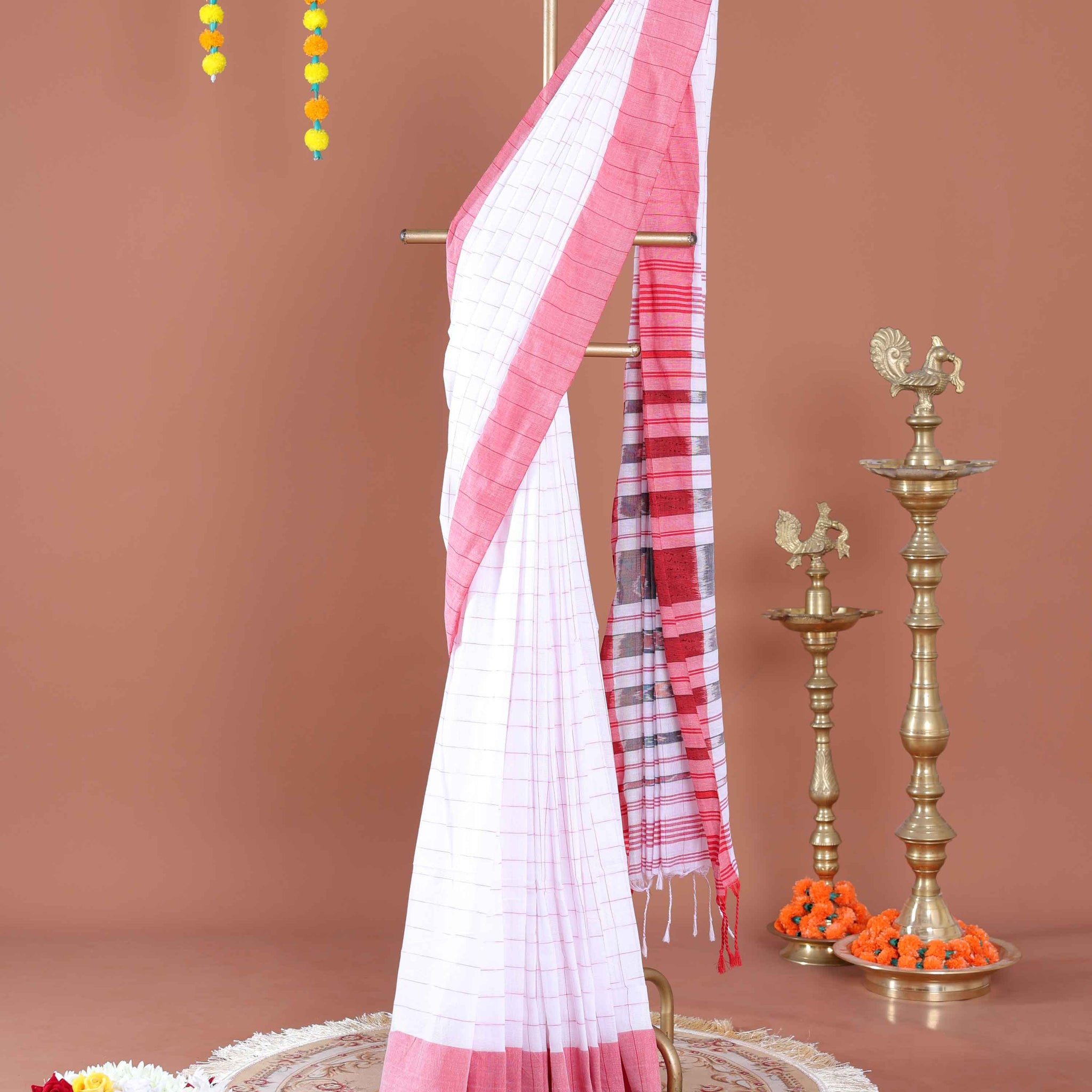 Handloom Cotton Saree with Checkered Body and Striped Pallu - Off White
