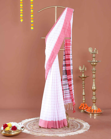 Handloom Cotton Saree with Checkered Body and Striped Pallu - Off White