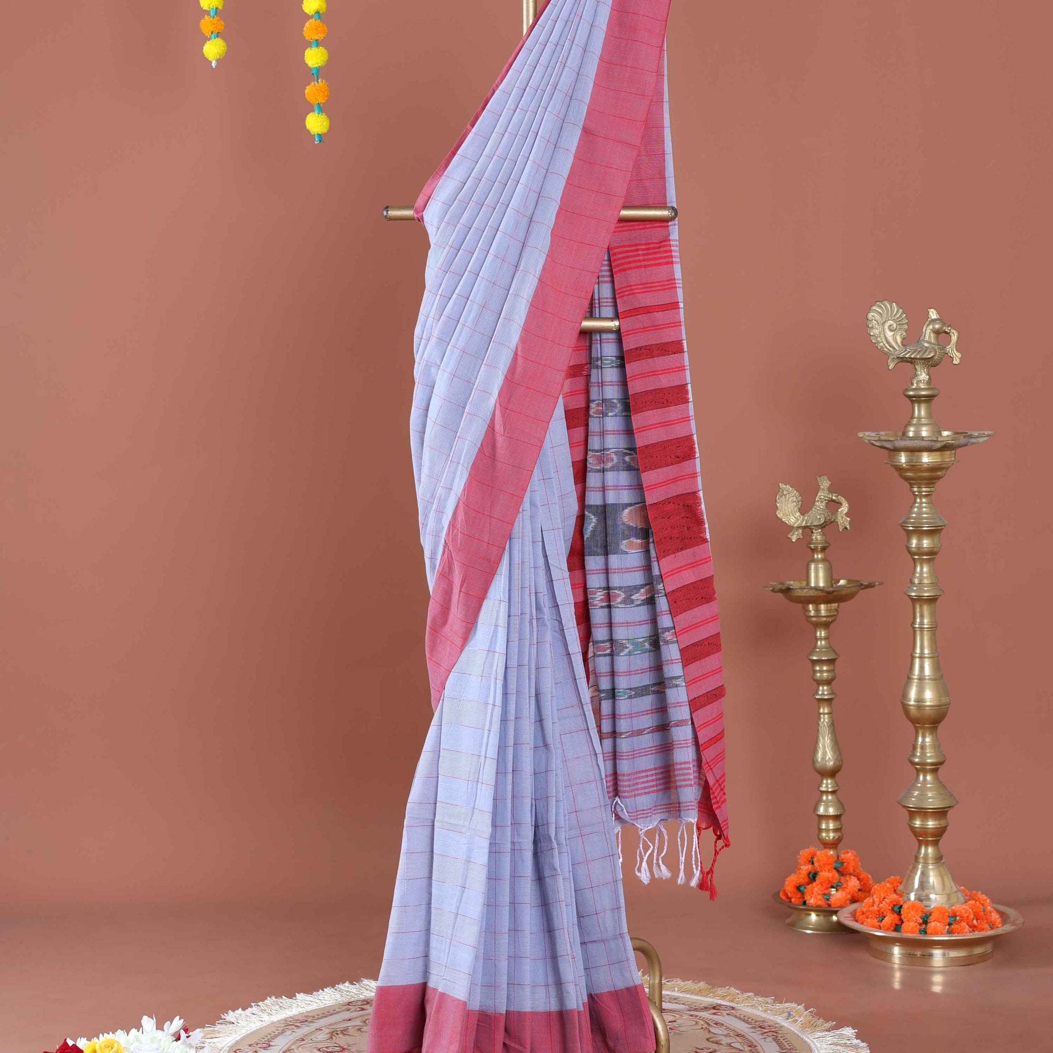 Handloom Cotton Saree with Striped Pattern and Contrasting Border - Lavender