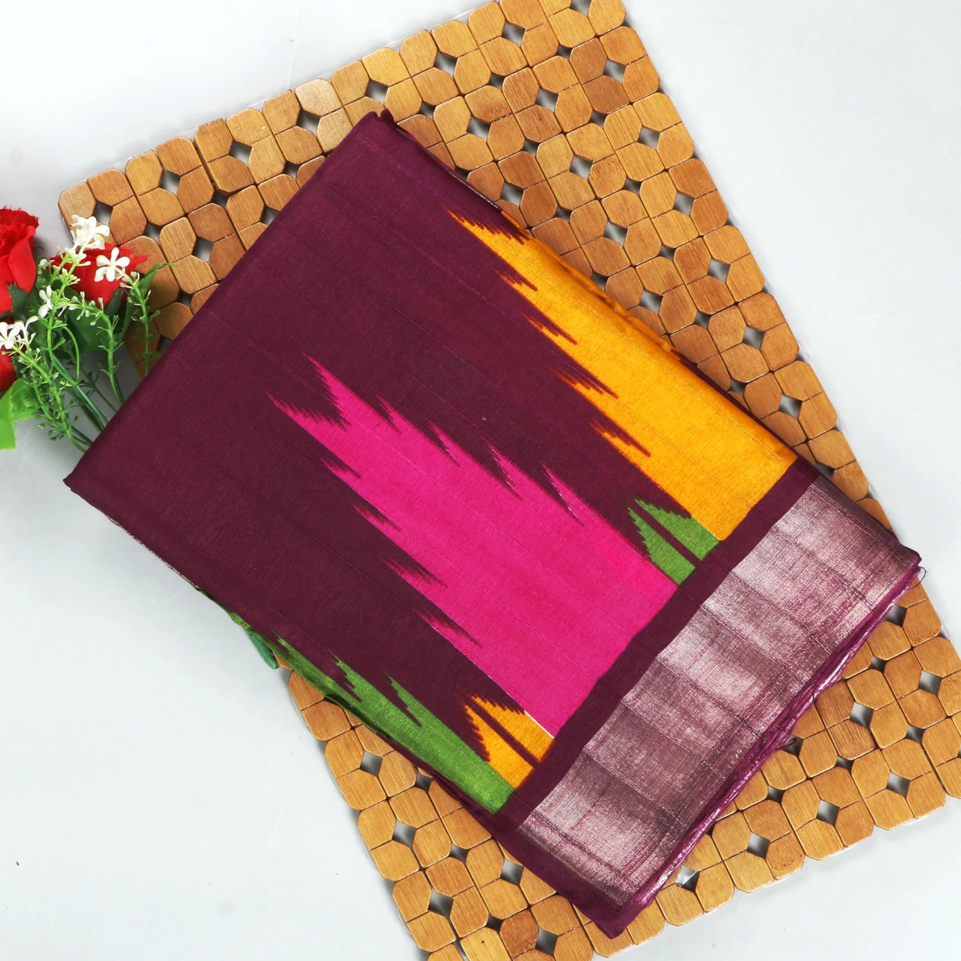 Kalyani Cotton Saree - Gold Zari : Navy x Mulberry x Magenta main image 0
