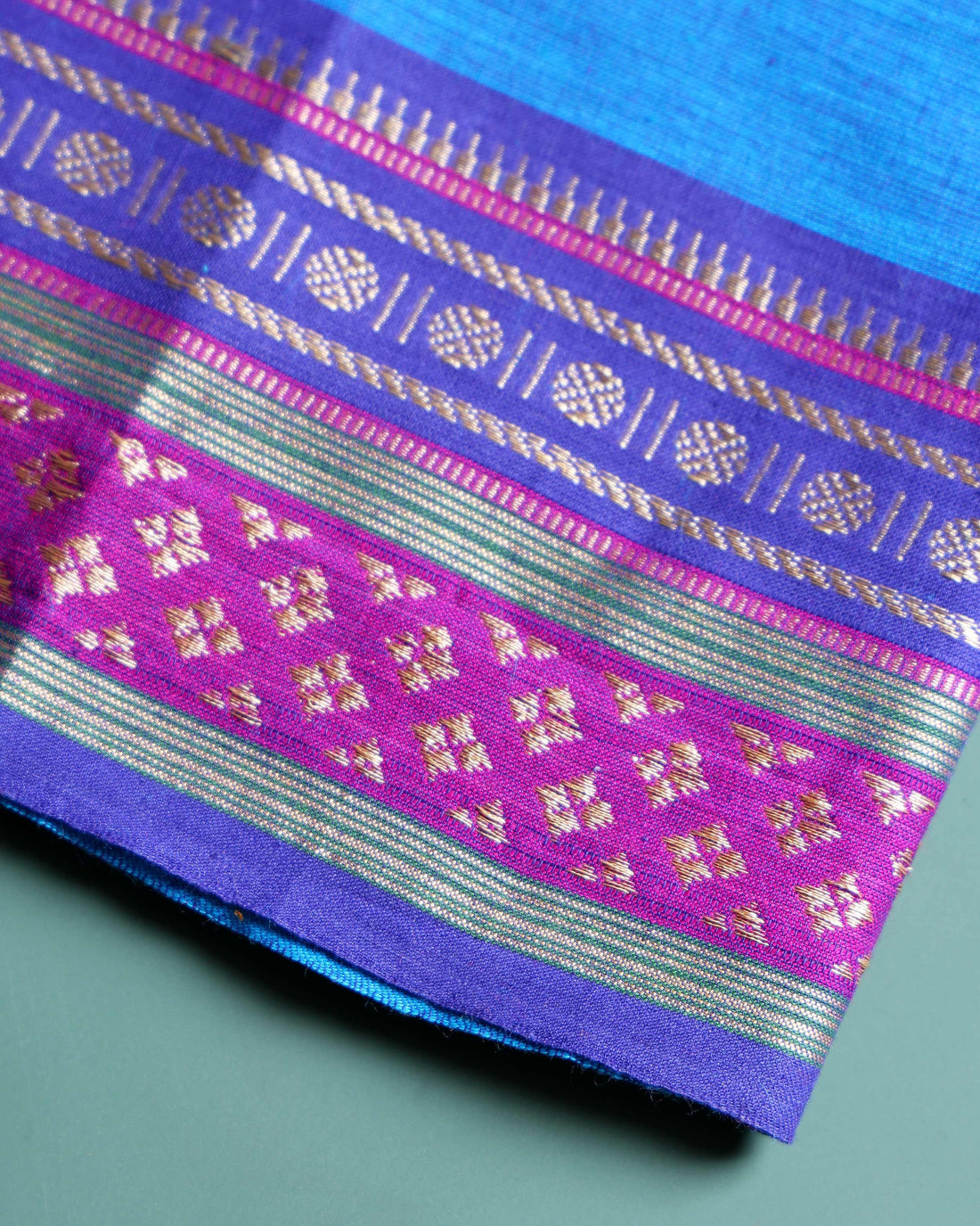 Handloom Cotton Unstitched Blouse Material with Zari Border - Blue