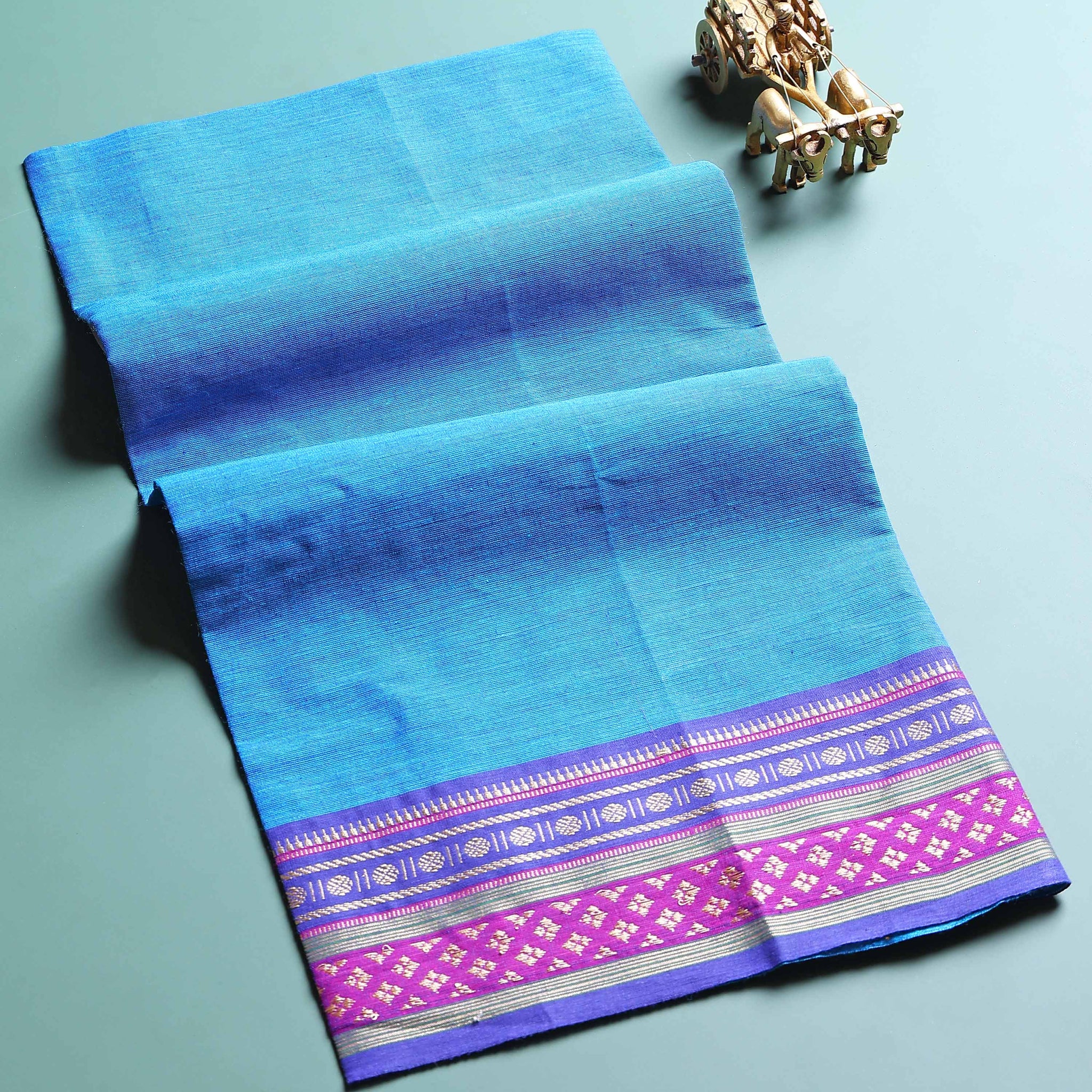 Handloom Cotton Unstitched Blouse Material with Zari Border - Blue