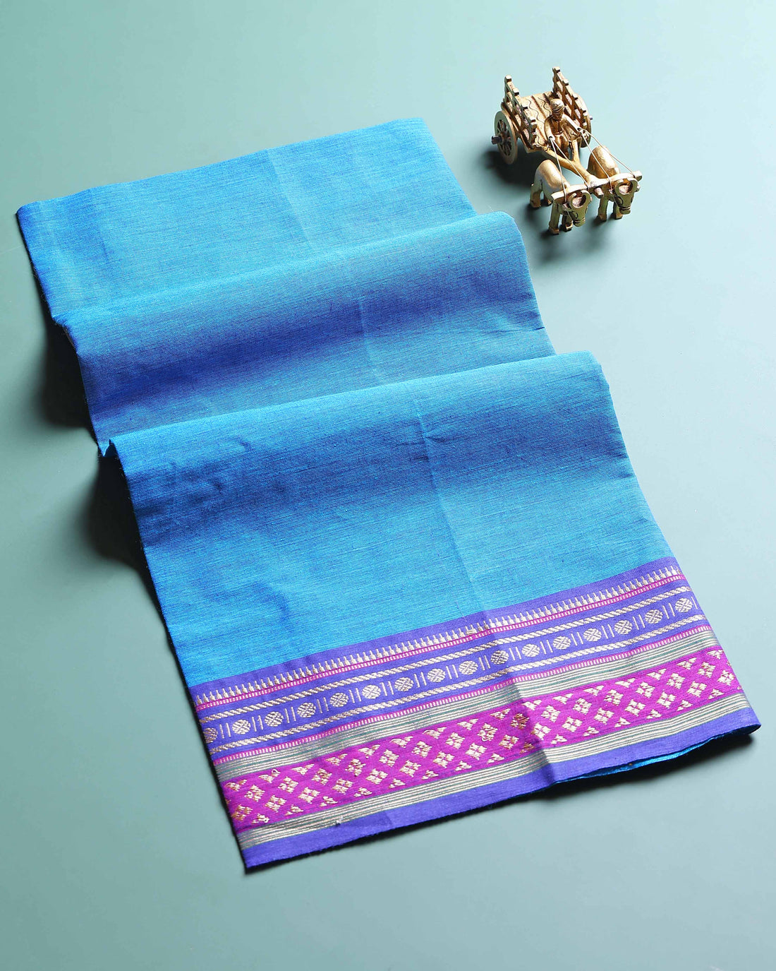 Handloom Cotton Unstitched Blouse Material with Zari Border - Blue