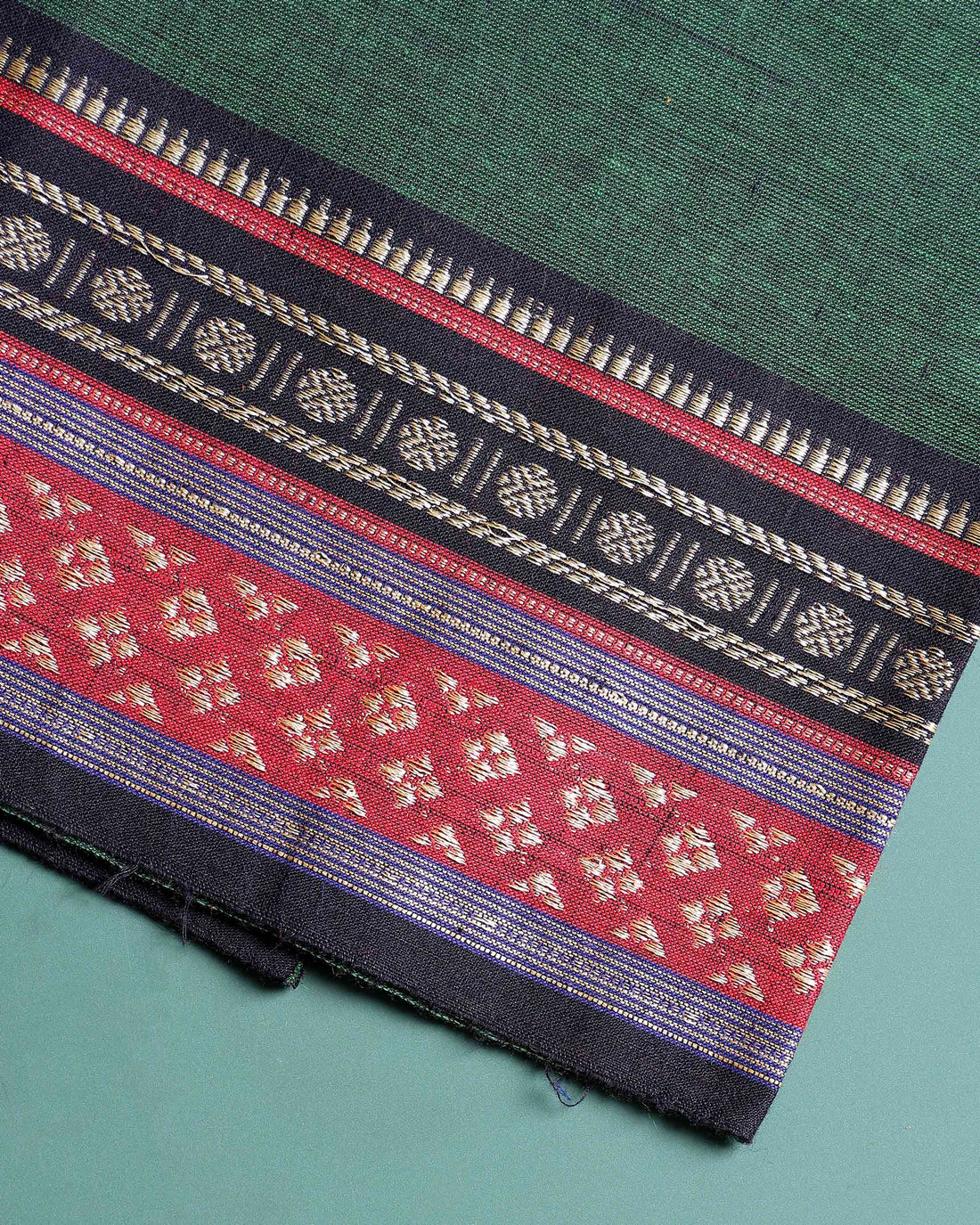 Handloom Cotton Unstitched Blouse Material with Zari Border - Dark Green
