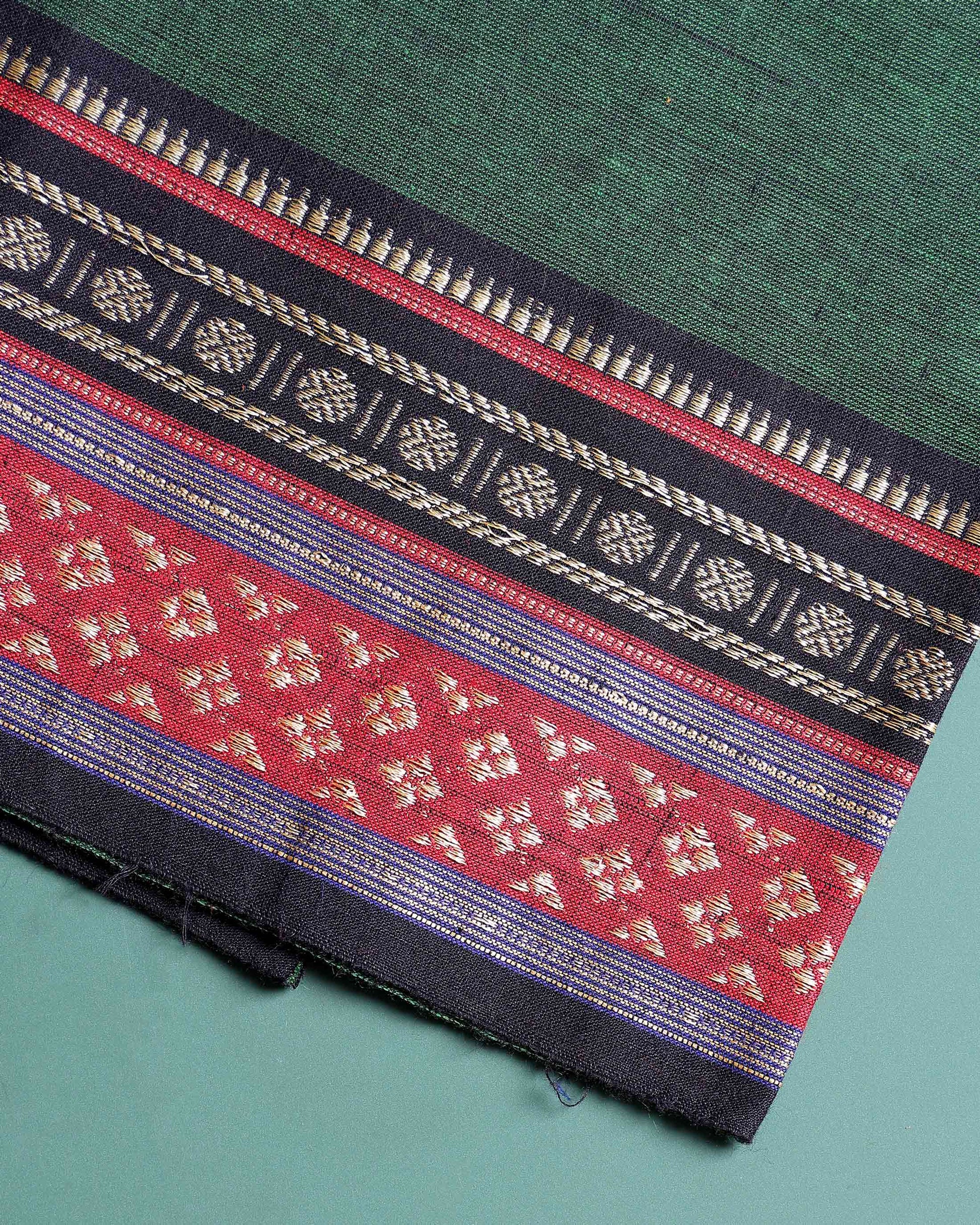 Handloom Cotton Unstitched Blouse Material with Zari Border - Dark Green-Close