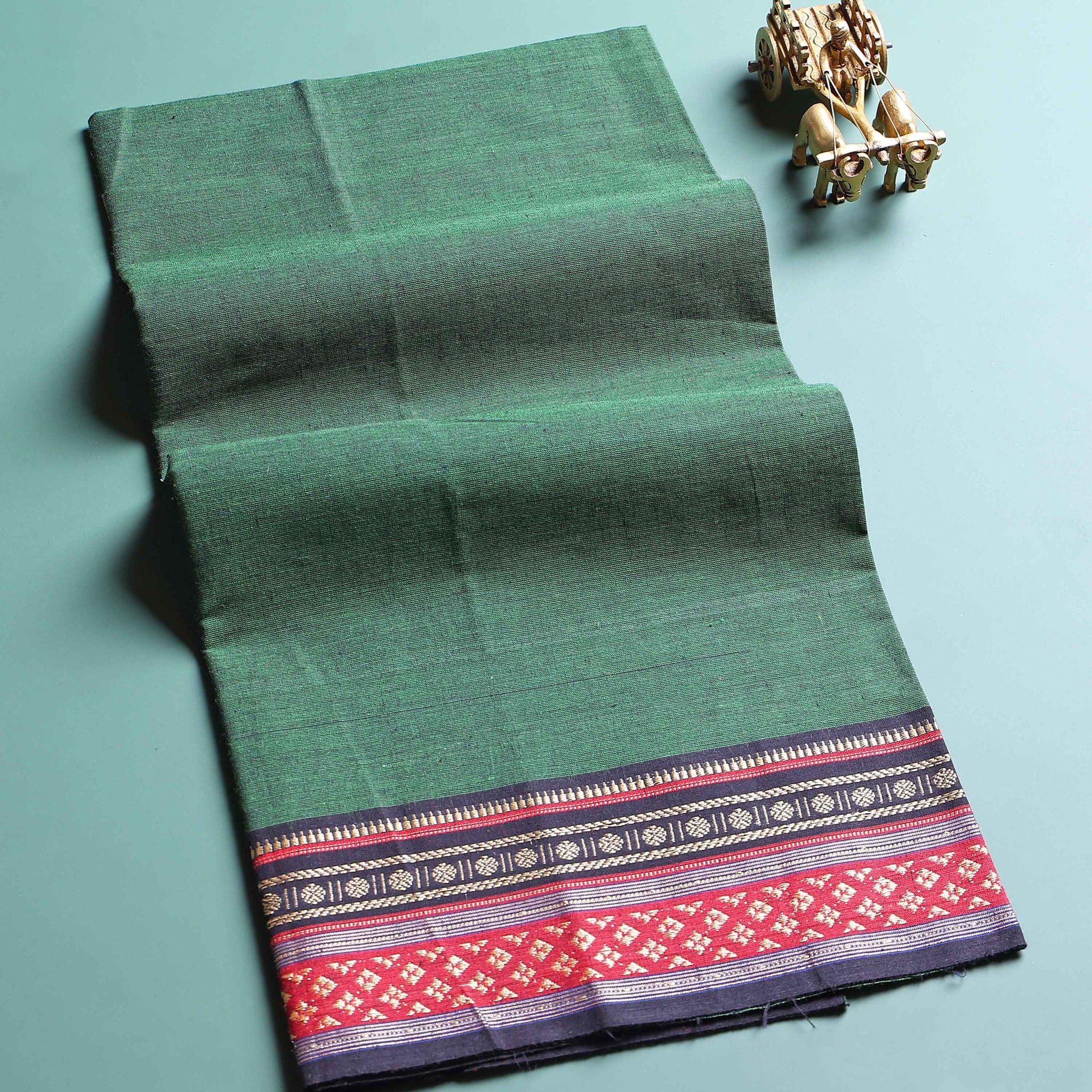 Handloom Cotton Unstitched Blouse Material with Zari Border - Dark Green