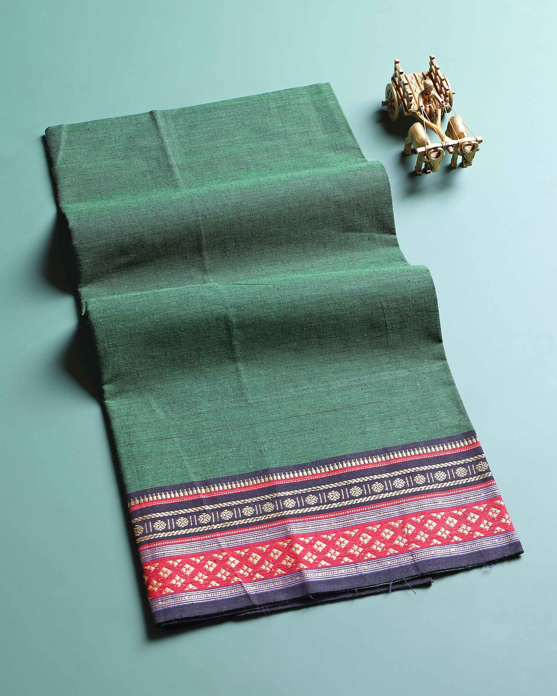 Handloom Cotton Unstitched Blouse Material with Zari Border - Dark Green