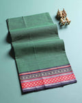 Handloom Cotton Unstitched Blouse Material with Zari Border - Dark Green