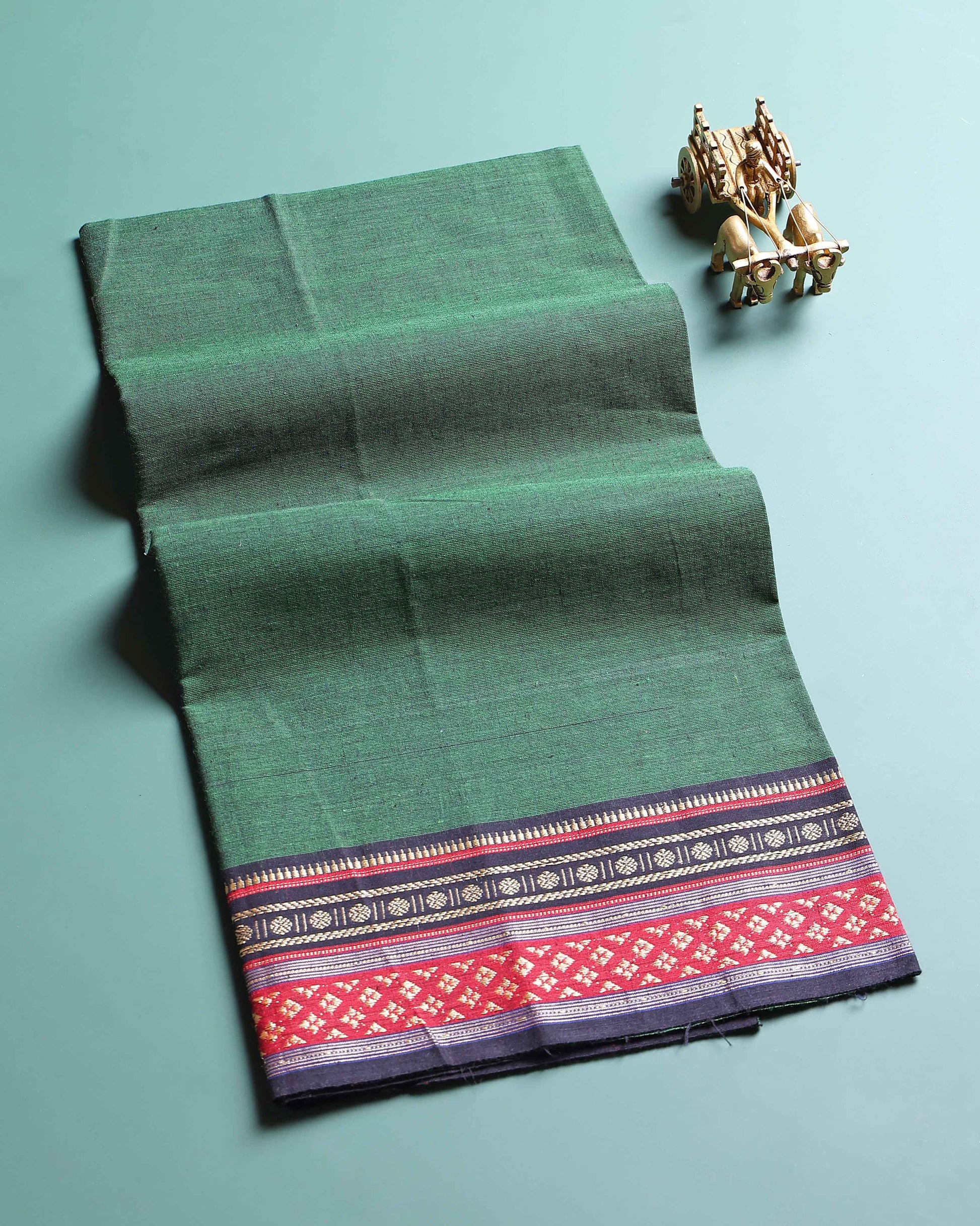 Handloom Cotton Unstitched Blouse Material with Zari Border - Dark Green