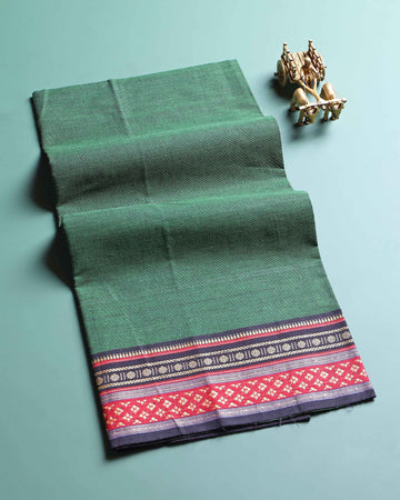 Handloom Cotton Unstitched Blouse Material with Zari Border - Dark Green