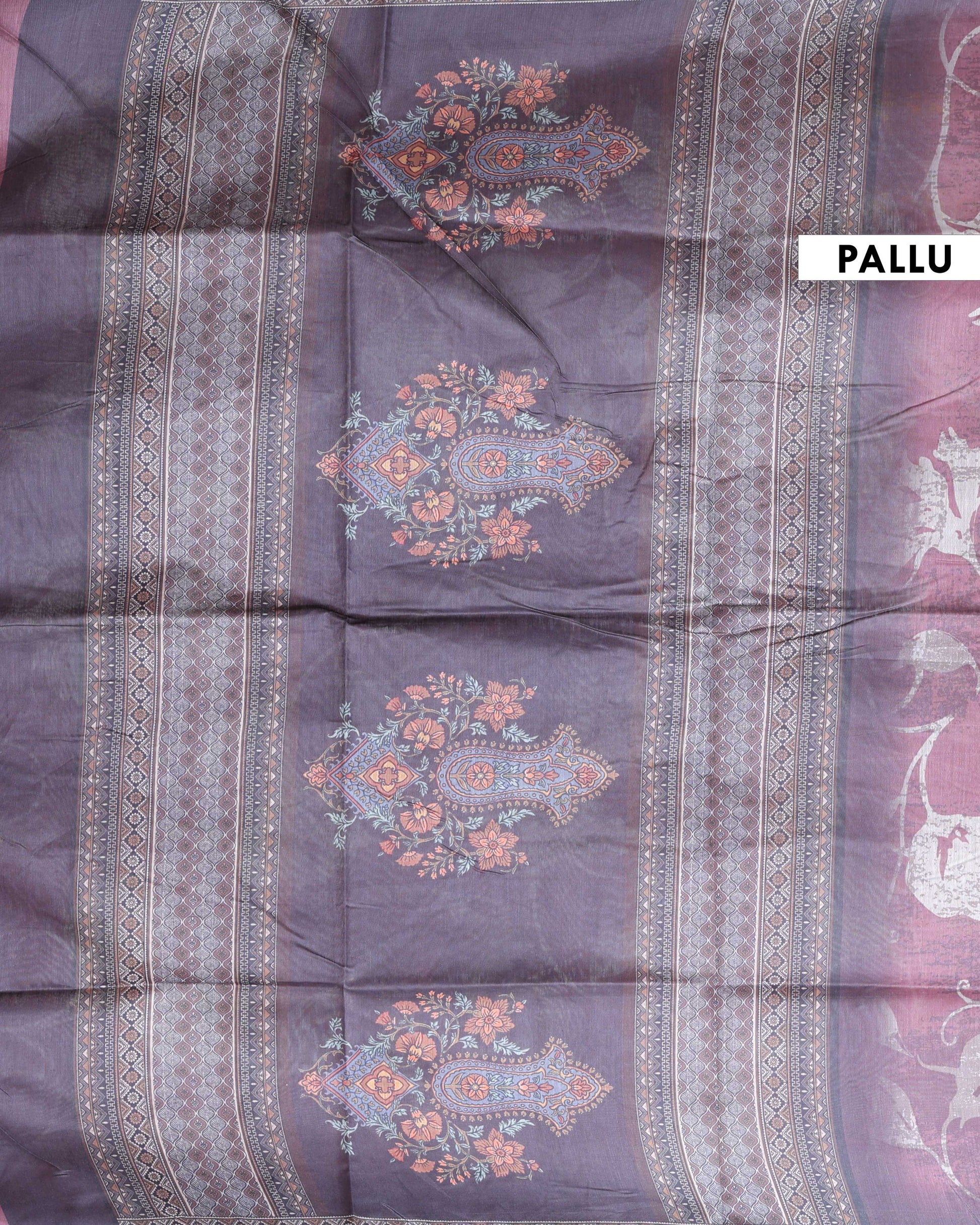 Handloom Floral Printed Semi Silk Saree with Woven Zari Border - Purple-Pallu