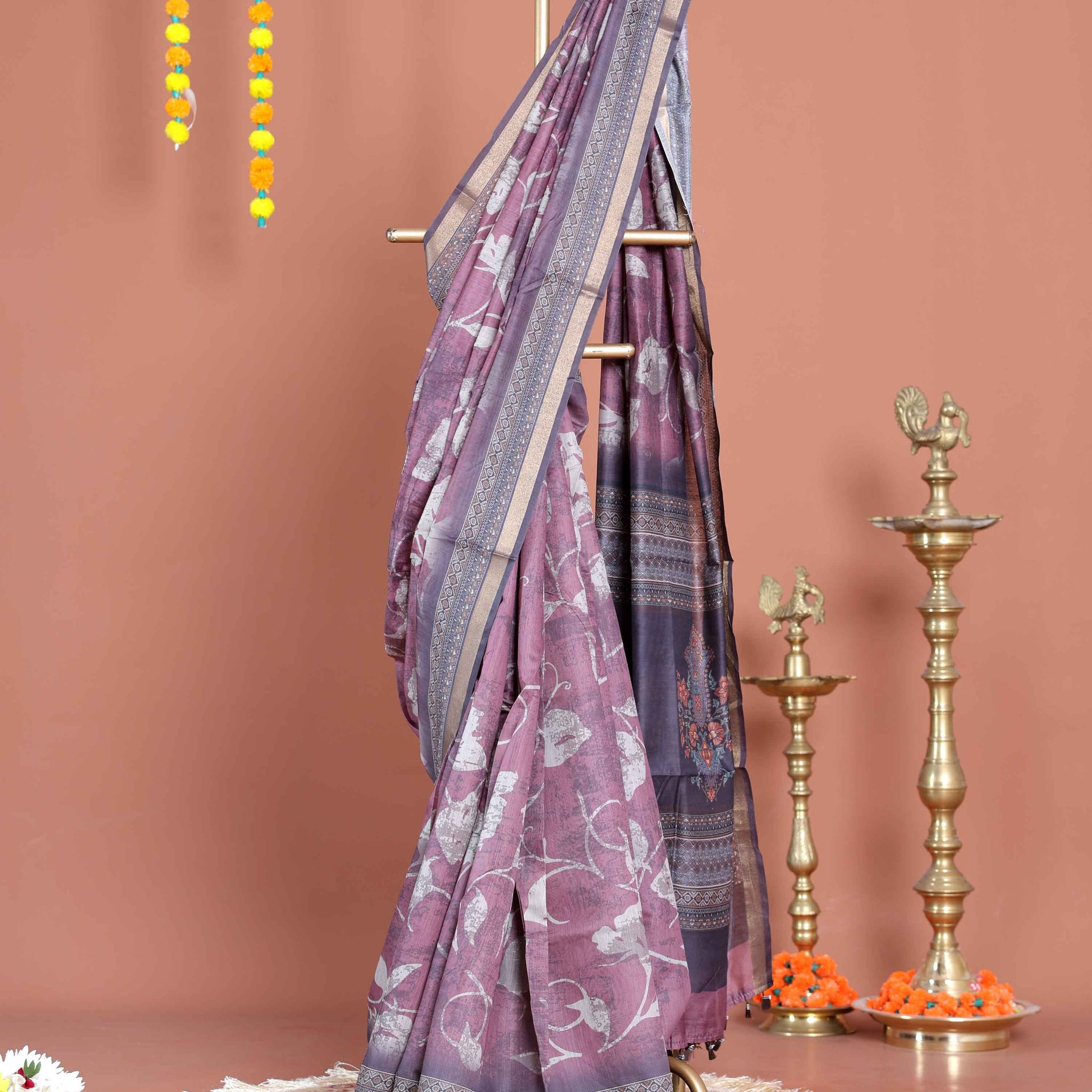 Handloom Floral Printed Semi Silk Saree with Woven Zari Border - Purple