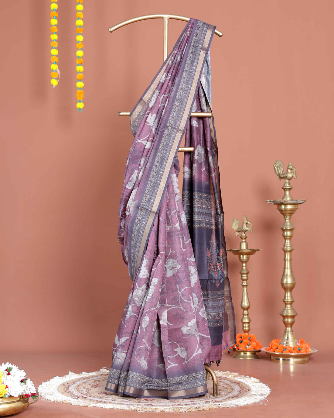 Handloom Floral Printed Semi Silk Saree with Woven Zari Border - Purple