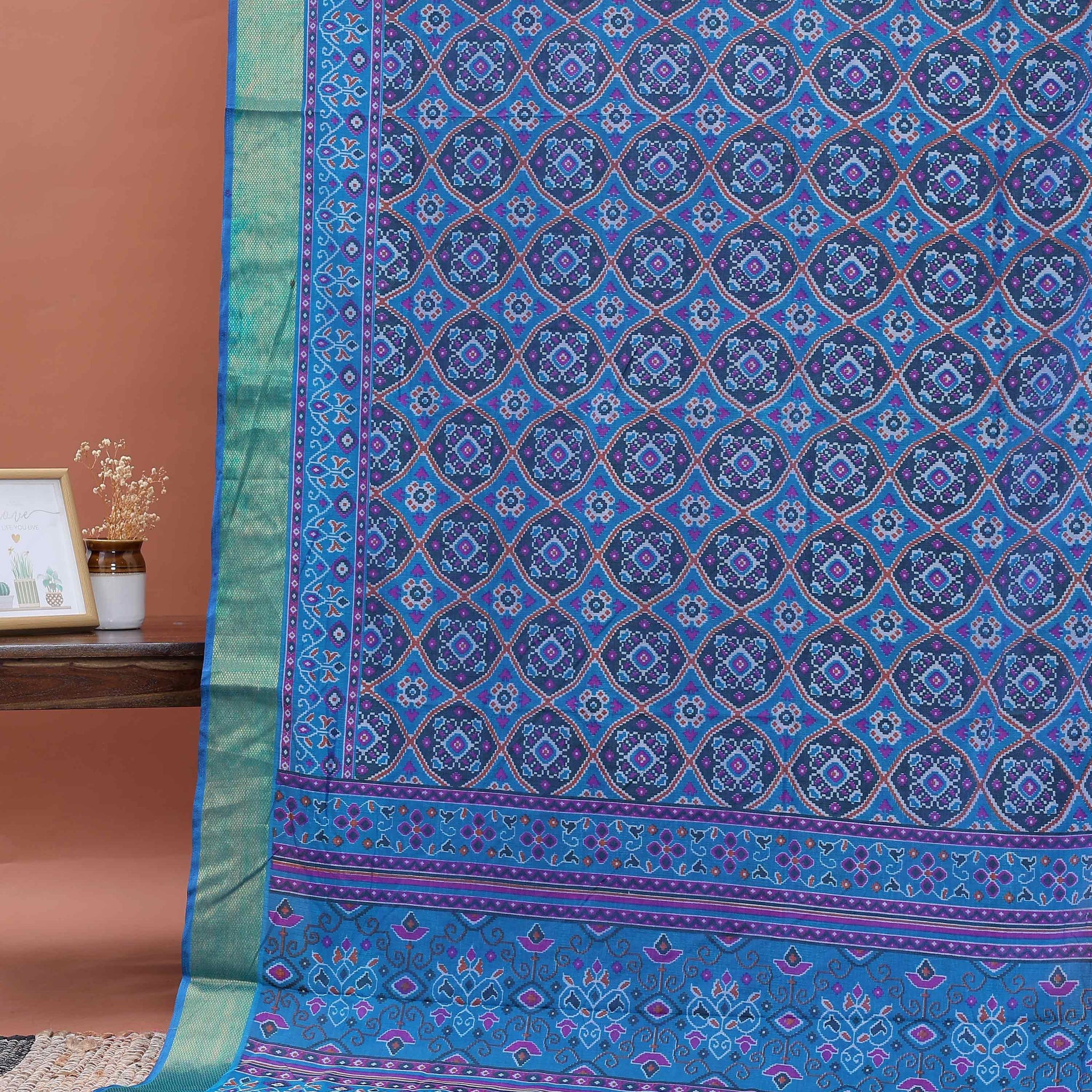 Handloom Geometric Motif Patola Semi Silk Saree with Zari Border - Blue