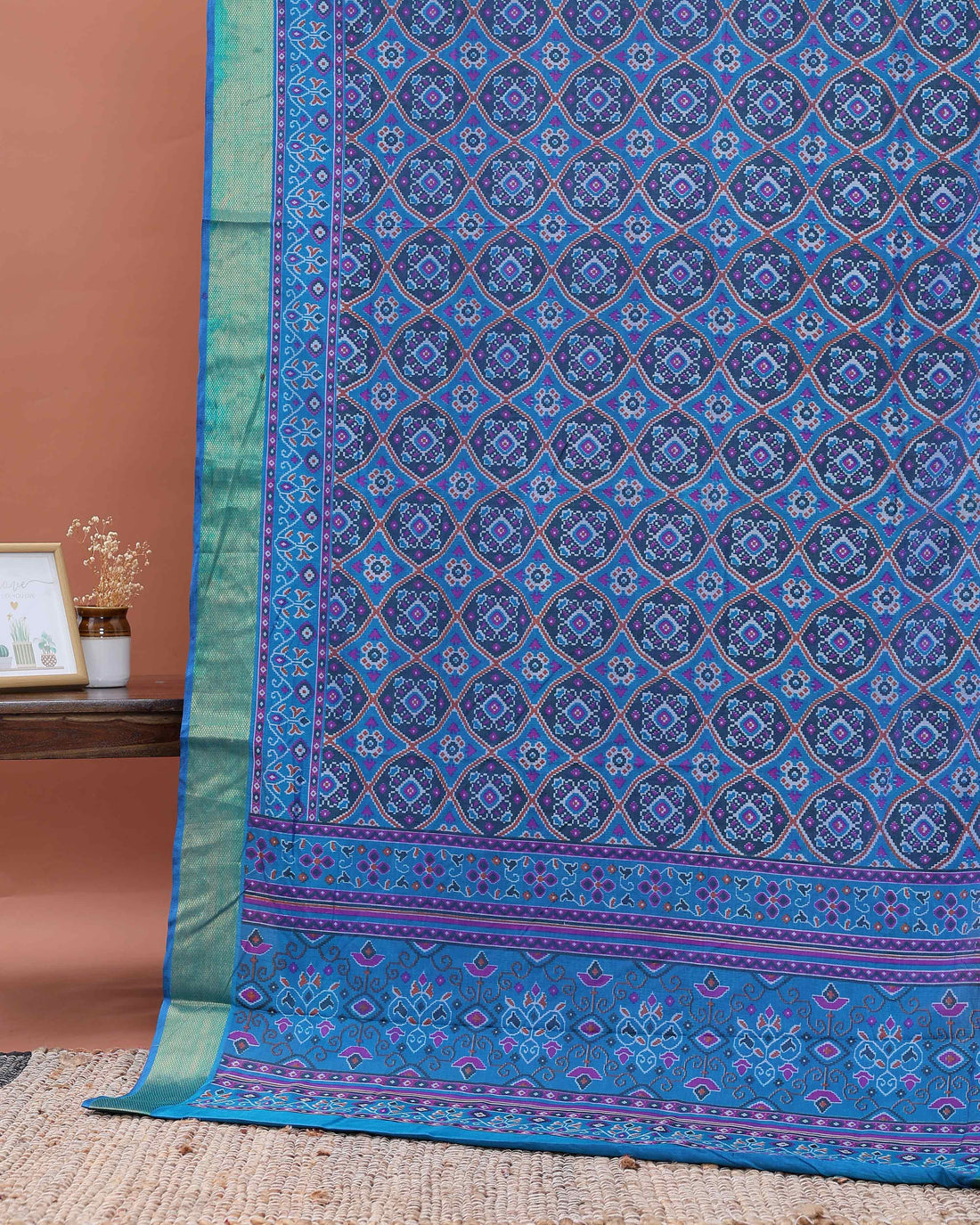 Handloom Geometric Motif Patola Semi Silk Saree with Zari Border - Blue
