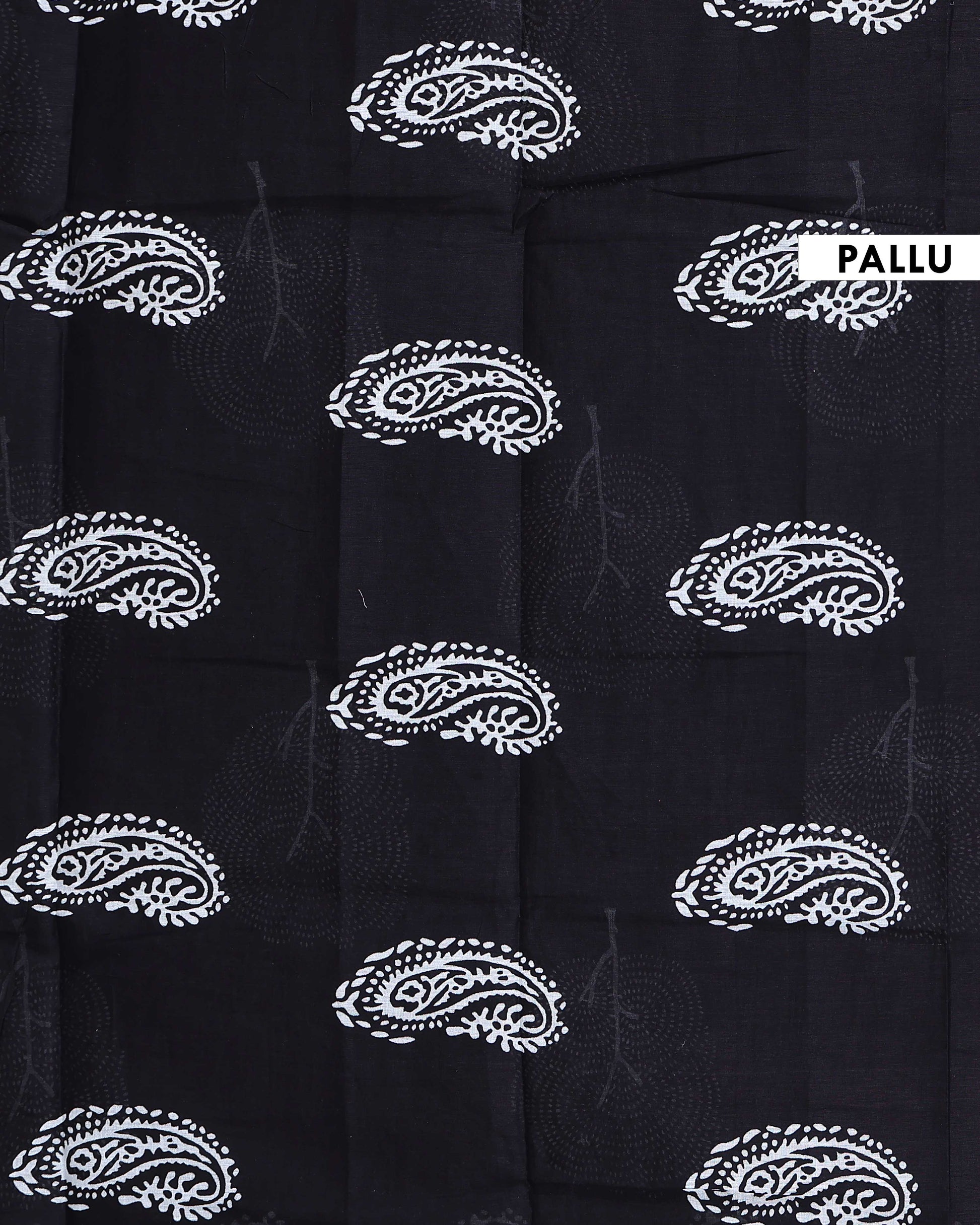 Handloom Hand-Block Printed Mulmul Cotton Saree with Tree and Paisley Motifs - Black-Pallu