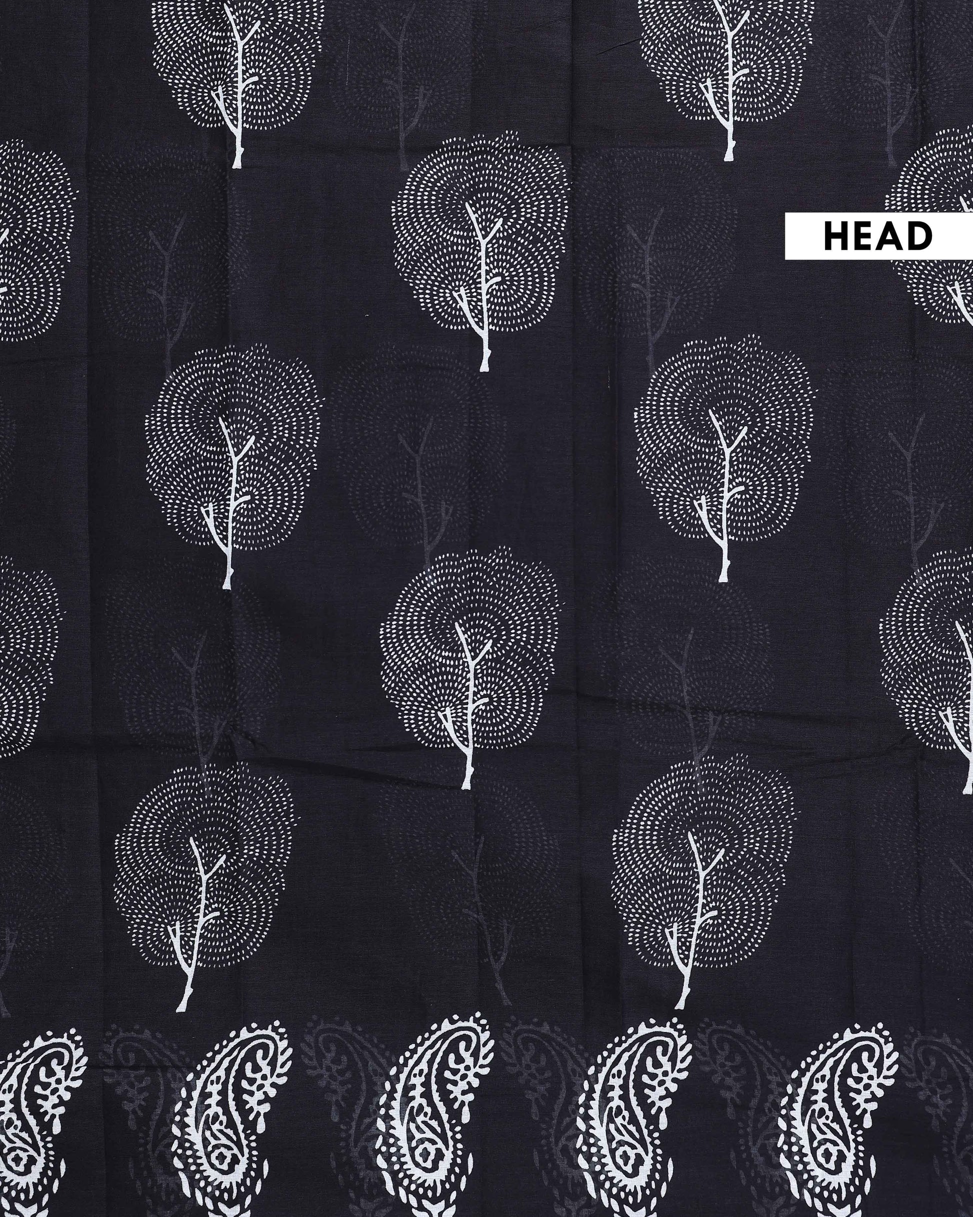 Handloom Hand-Block Printed Mulmul Cotton Saree with Tree and Paisley Motifs - Black-head