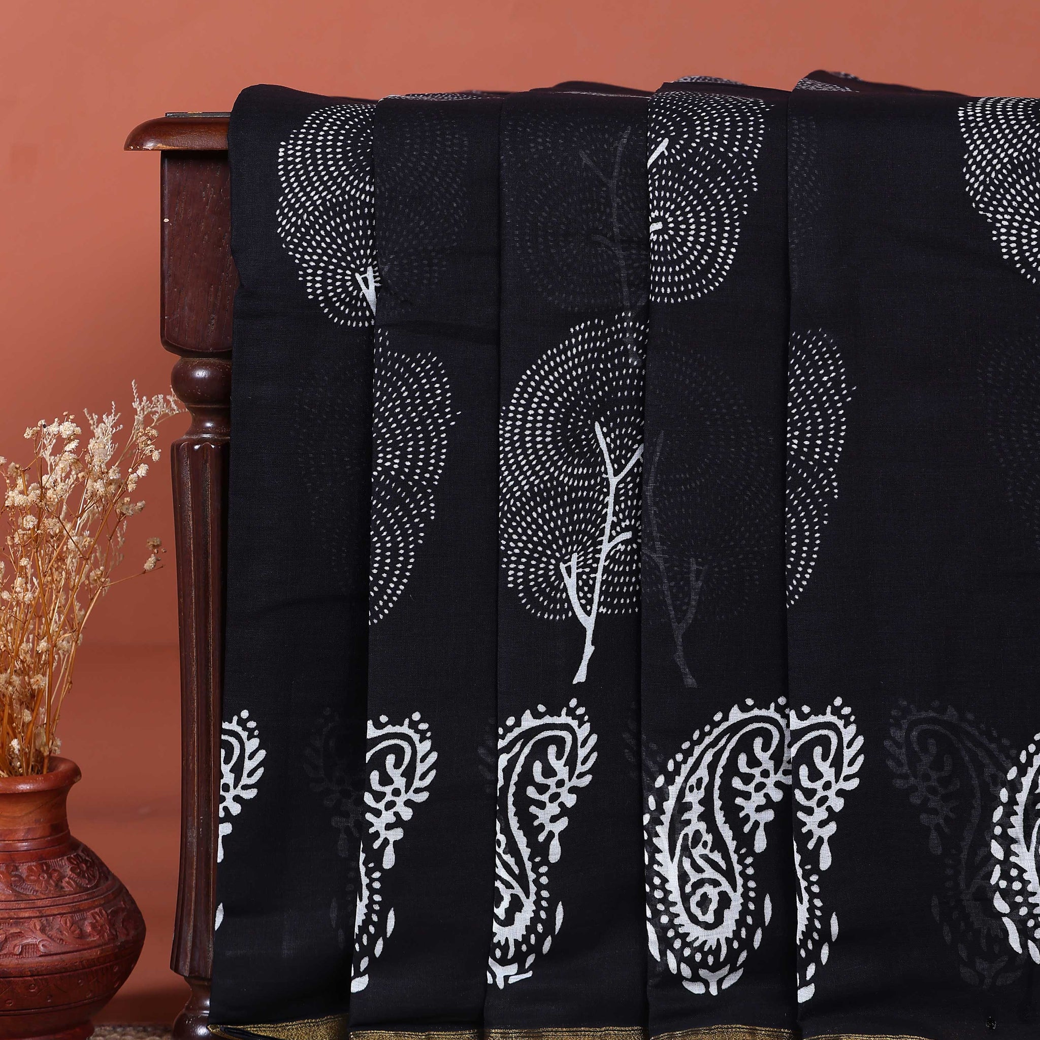 Handloom Hand-Block Printed Mulmul Cotton Saree with Tree and Paisley Motifs - Black