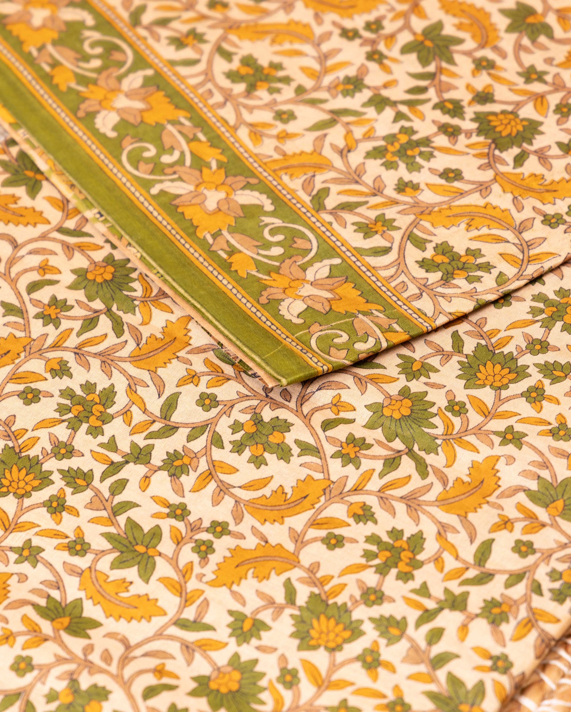 Handloom Hand-Block Printed Voile Cotton Saree with Floral Motifs - Cream