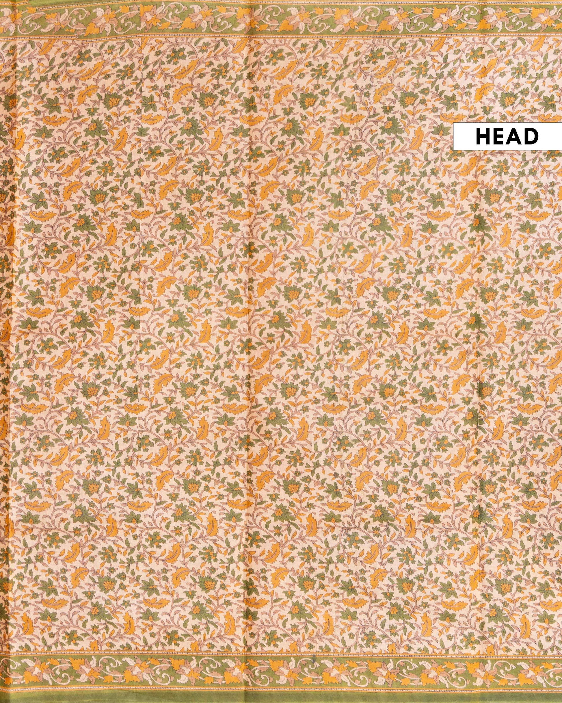 Handloom Hand-Block Printed Voile Cotton Saree with Floral Motifs - Cream