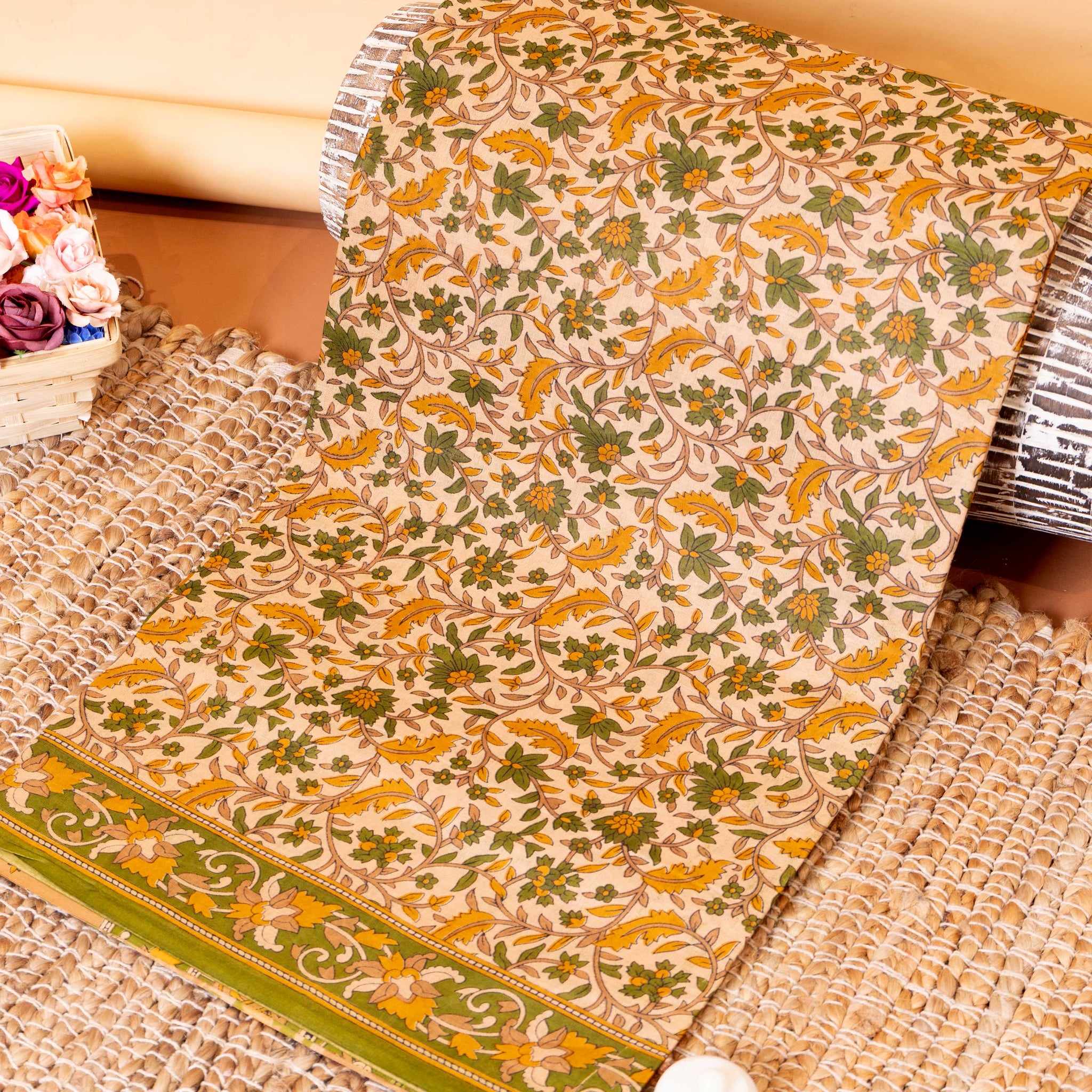 Handloom Hand-Block Printed Voile Cotton Saree with Floral Motifs - Cream