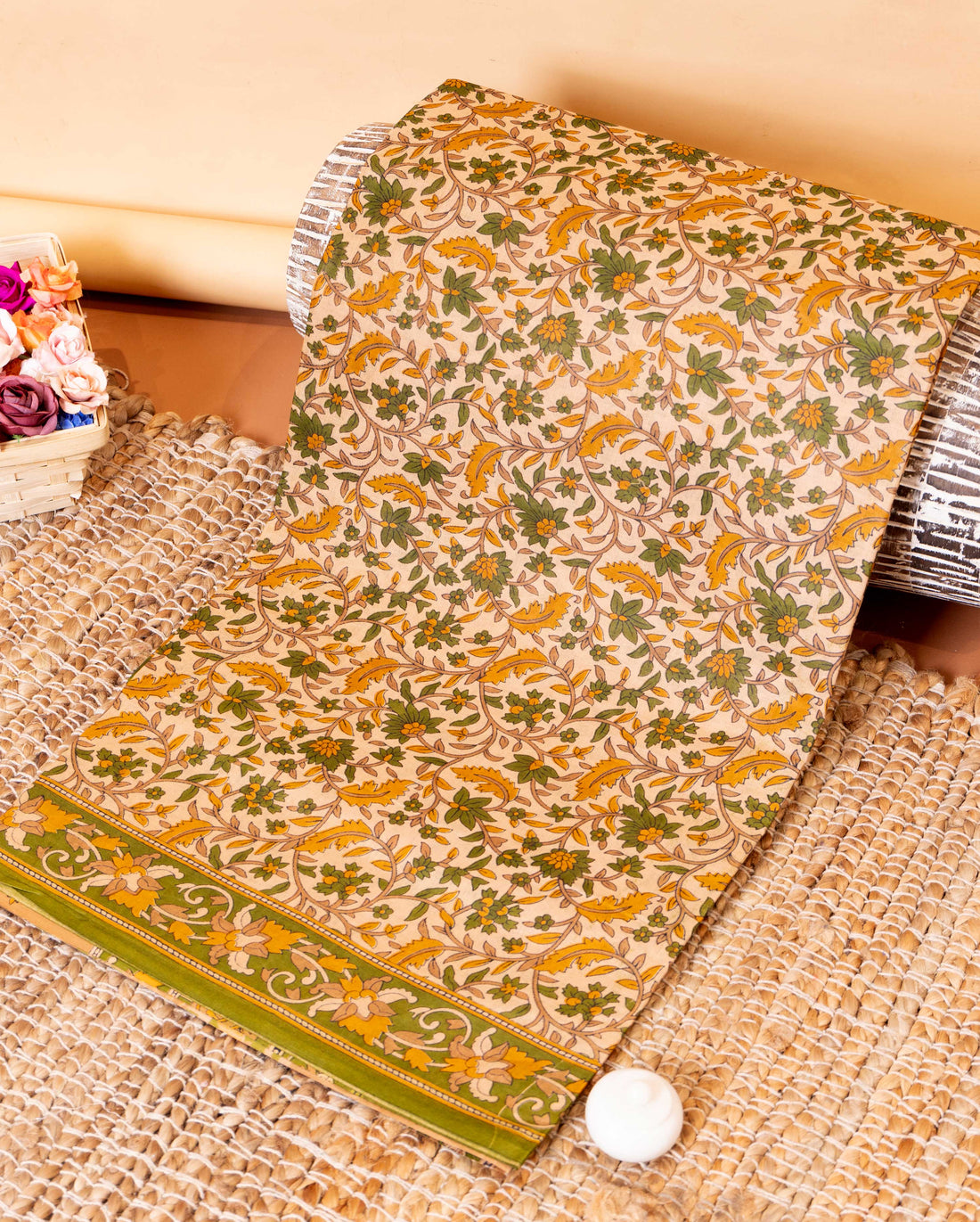 Handloom Hand-Block Printed Voile Cotton Saree with Floral Motifs - Cream