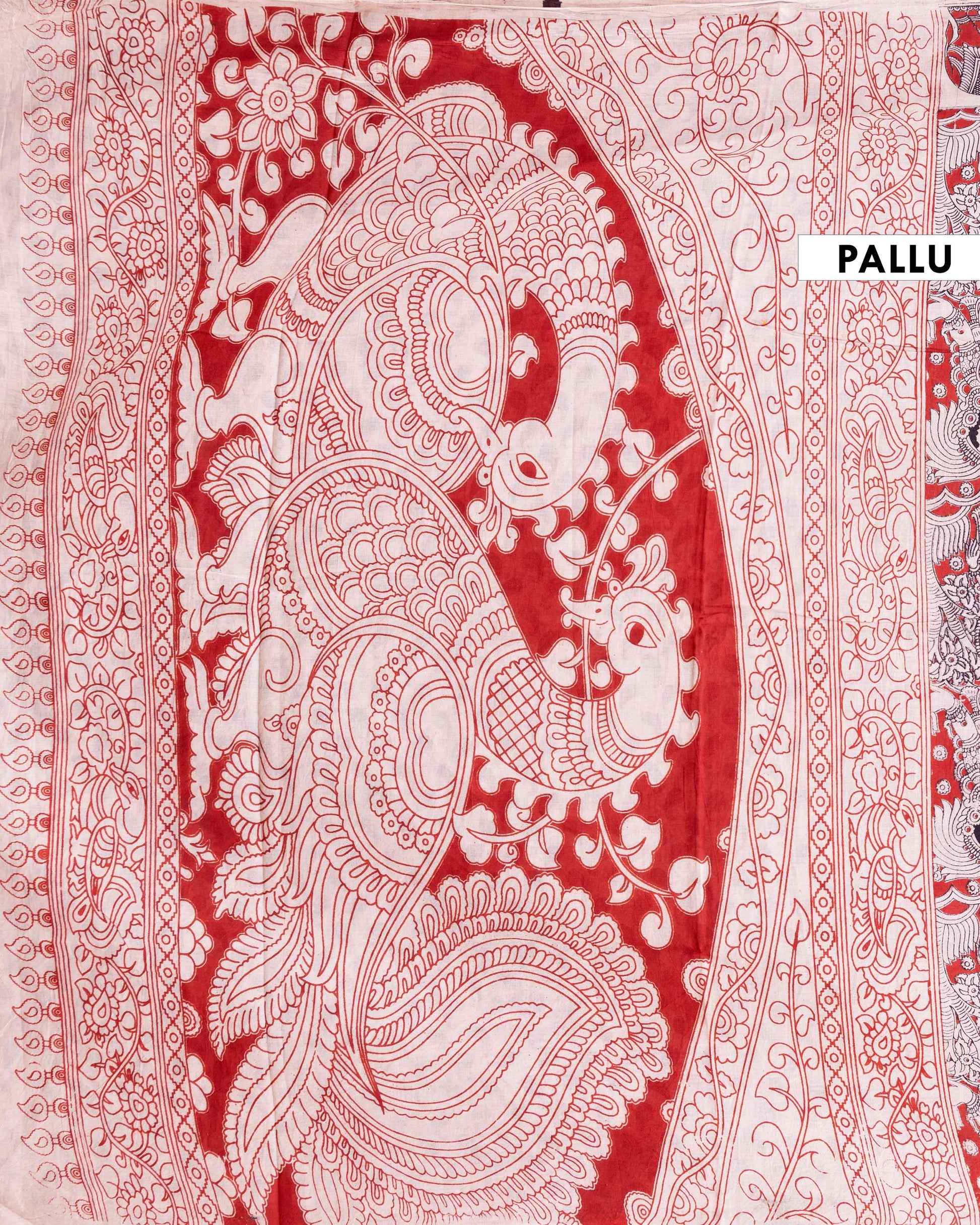 Handloom Hand-painted Kalamkari Cotton Saree with Mythological  Motifs - Red