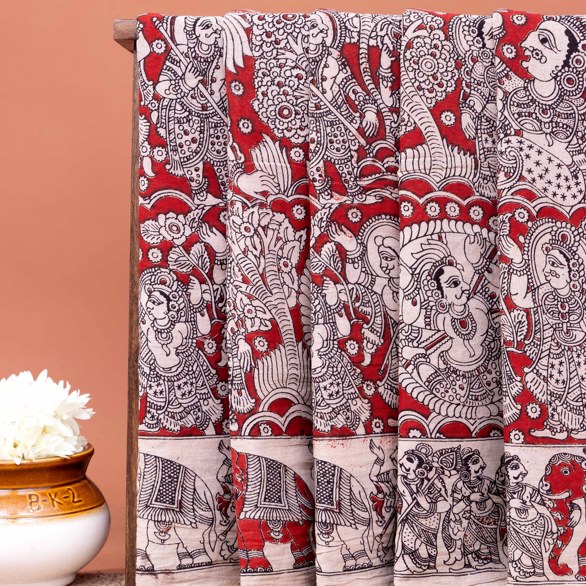 Handloom Hand-painted Kalamkari Cotton Saree with Mythological  Motifs - Red