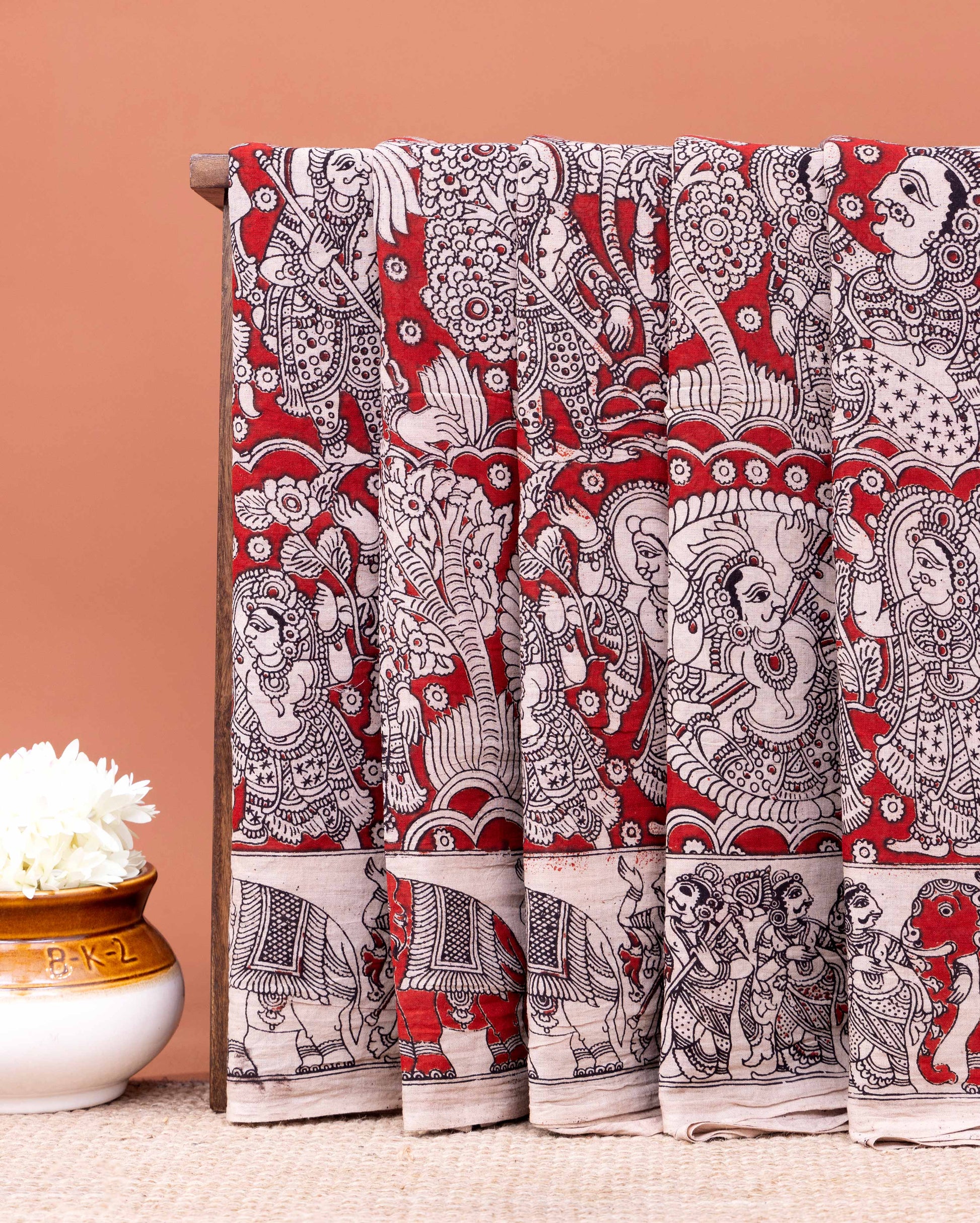 Handloom Hand-painted Kalamkari Cotton Saree with Mythological  Motifs - Red