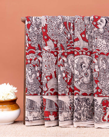 Handloom Hand-painted Kalamkari Cotton Saree with Mythological  Motifs - Red