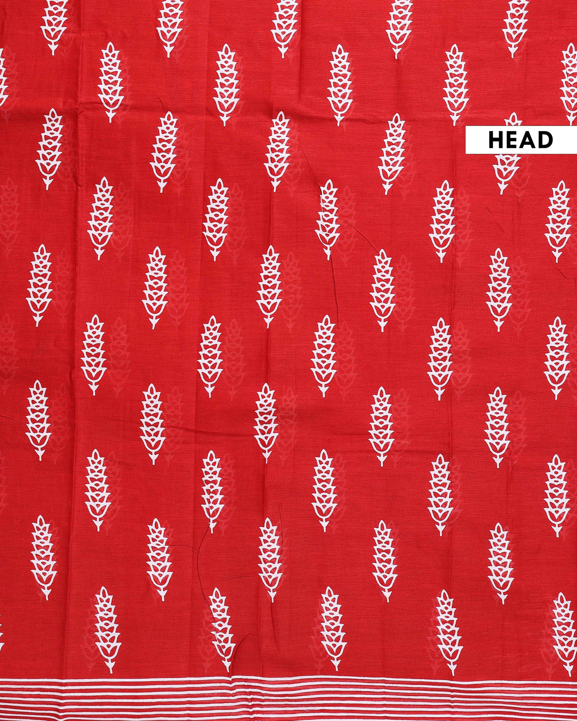 Handloom Hand Block Printed Mul Mul Cotton Saree with Striped Border - Red-Head