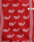 Handloom Hand Block Printed Mul Mul Cotton Saree with Striped Border - Red-Pallu