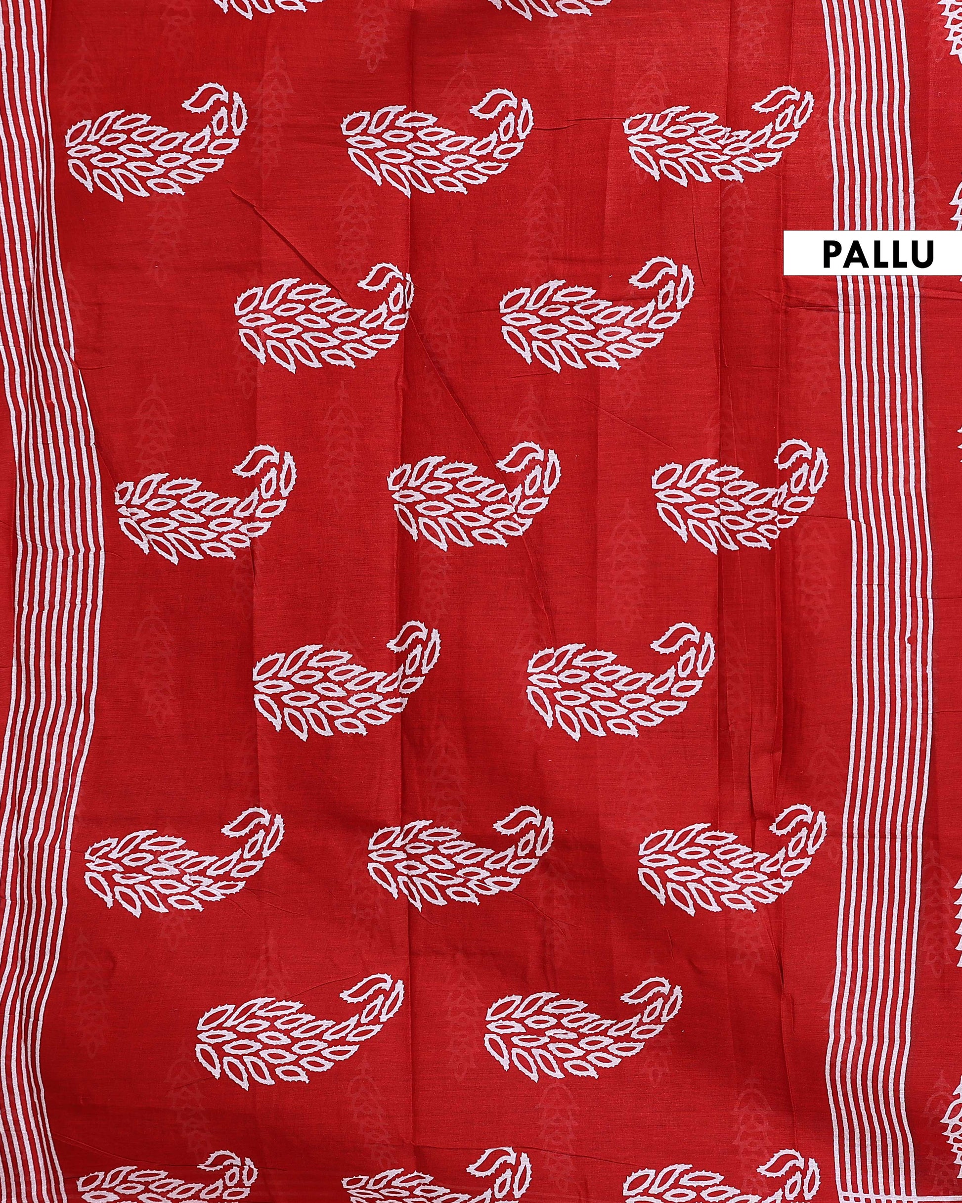 Handloom Hand Block Printed Mul Mul Cotton Saree with Striped Border - Red-Pallu