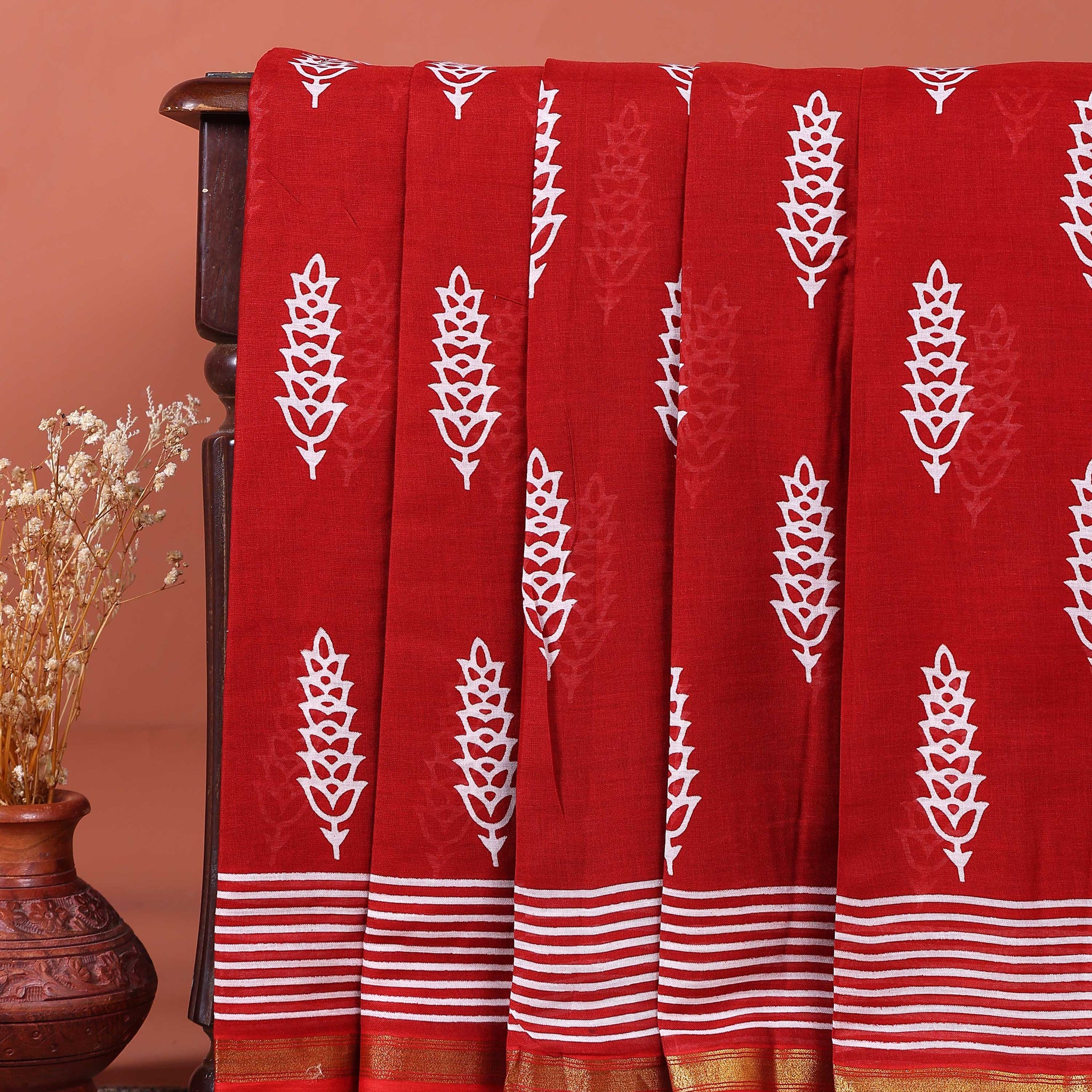 Handloom Hand Block Printed Mul Mul Cotton Saree with Striped Border - Red