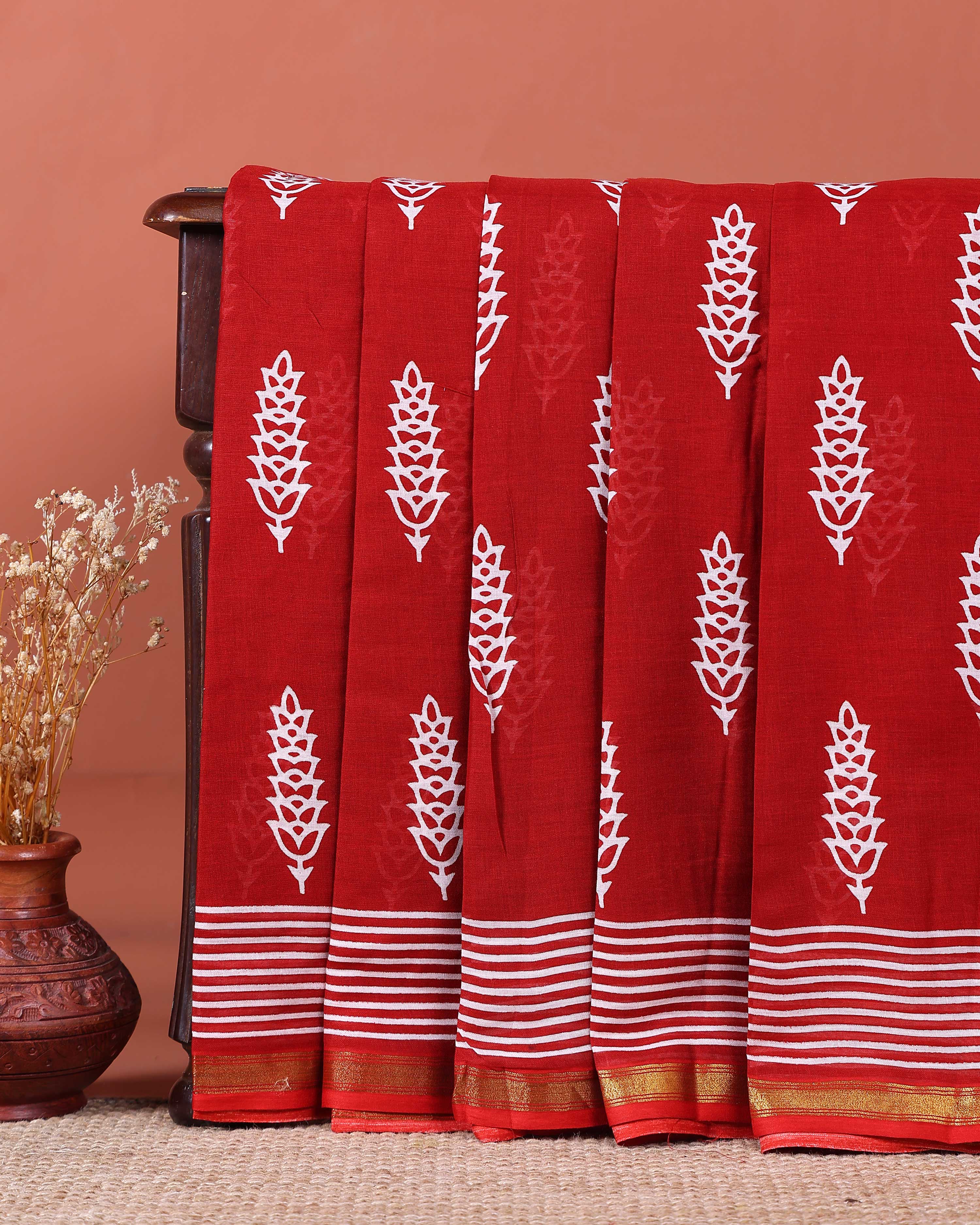 Handloom Hand Block Printed Mul Mul Semi Cotton Saree with Striped Bor