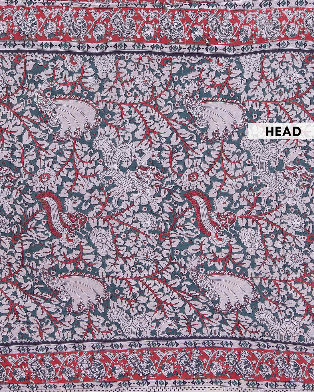 Handloom Handcrafted Kalamkari Cotton Saree with Intricate Floral Motifs and Traditional Bird Border Design - Dark Green