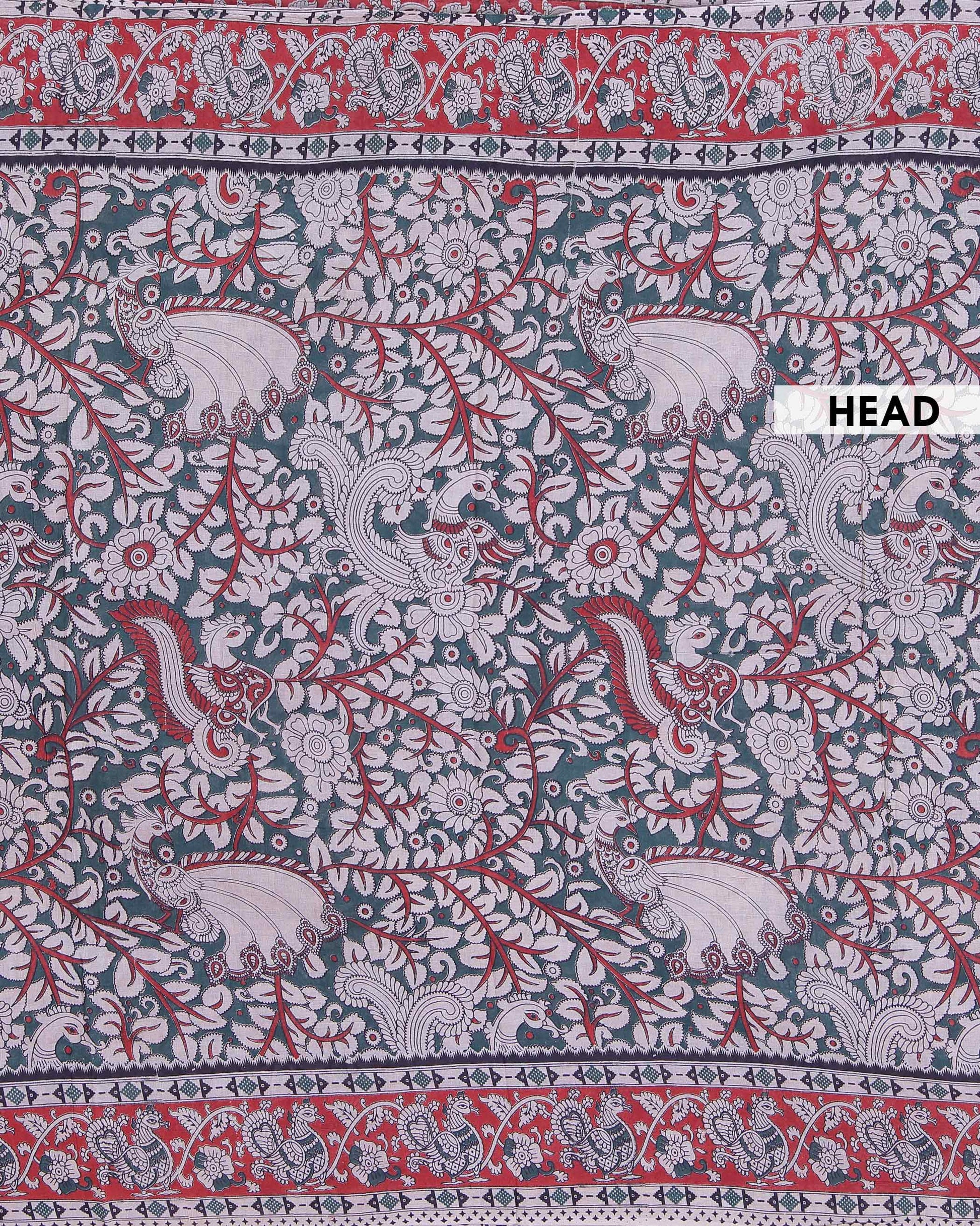 Handloom Handcrafted Kalamkari Cotton Saree with Intricate Floral Motifs and Traditional Bird Border Design - Dark Green