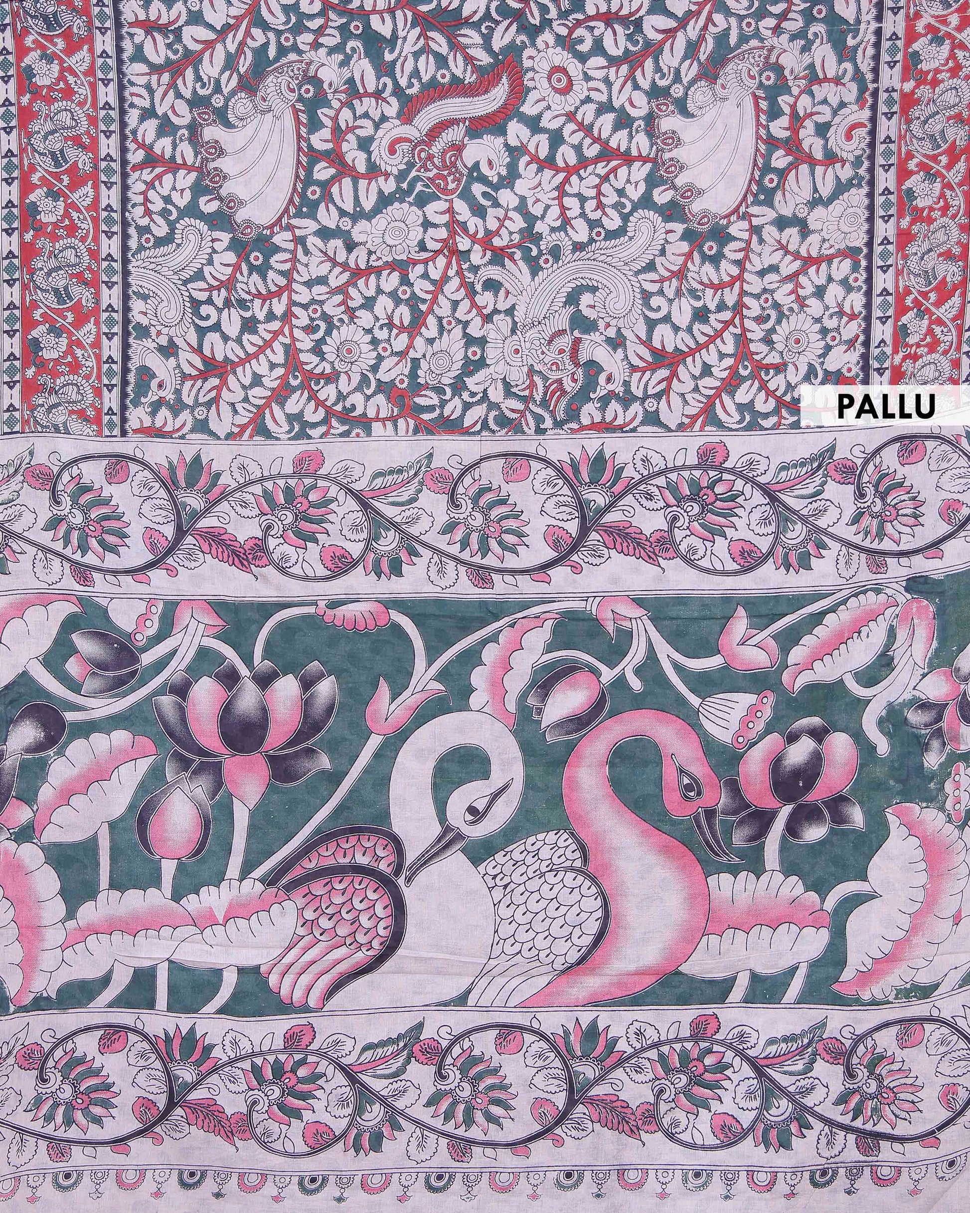 Handloom Handcrafted Kalamkari Cotton Saree with Intricate Floral Motifs and Traditional Bird Border Design - Dark Green