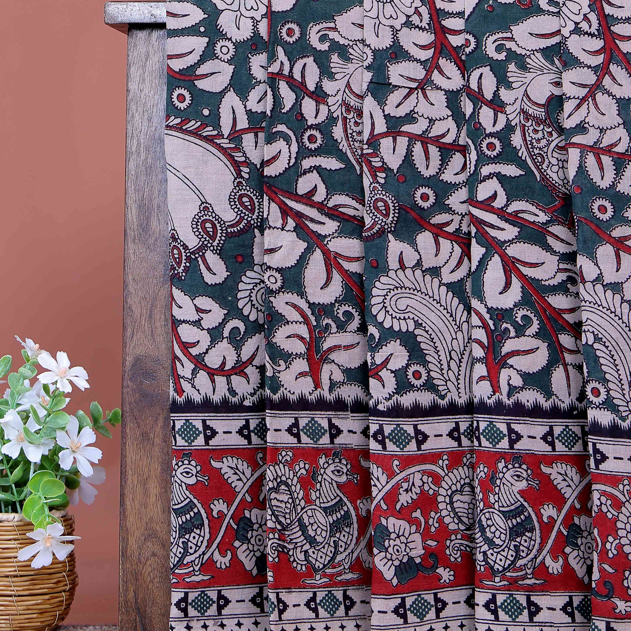 Handloom Handcrafted Kalamkari Cotton Saree with Intricate Floral Motifs and Traditional Bird Border Design - Dark Green