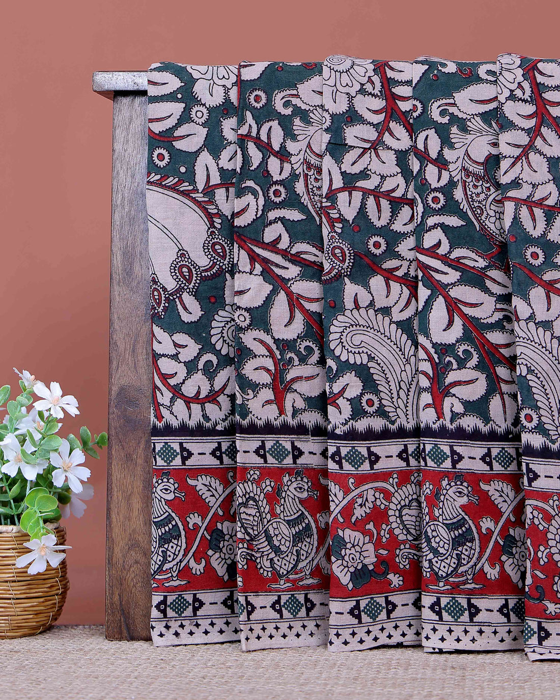 Handloom Handcrafted Kalamkari Cotton Saree with Intricate Floral Motifs and Traditional Bird Border Design - Dark Green