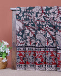 Handloom Handcrafted Kalamkari Cotton Saree with Intricate Floral Motifs and Traditional Bird Border Design - Dark Green