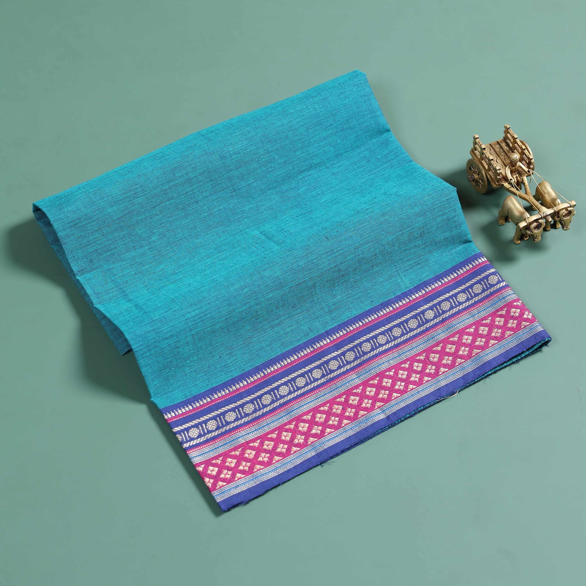 Handloom Handwoven Blouse Material with Contrast Zari Border  - Teal